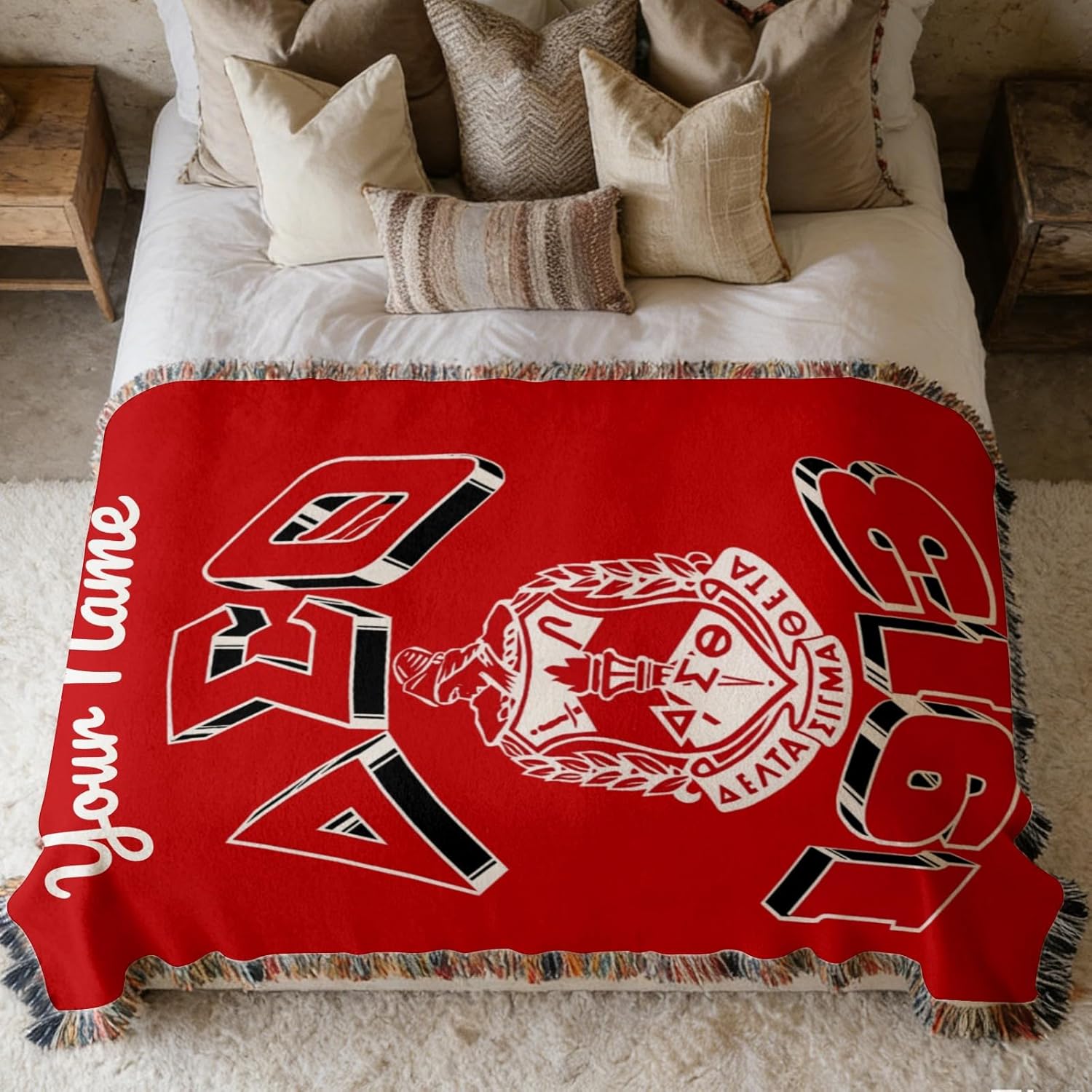 Personalized Sorority Woven Blanket with Fringe, Soft Warm Cozy Throw Home Decorative Blankets Custom Name Sorority Gift Red 1913