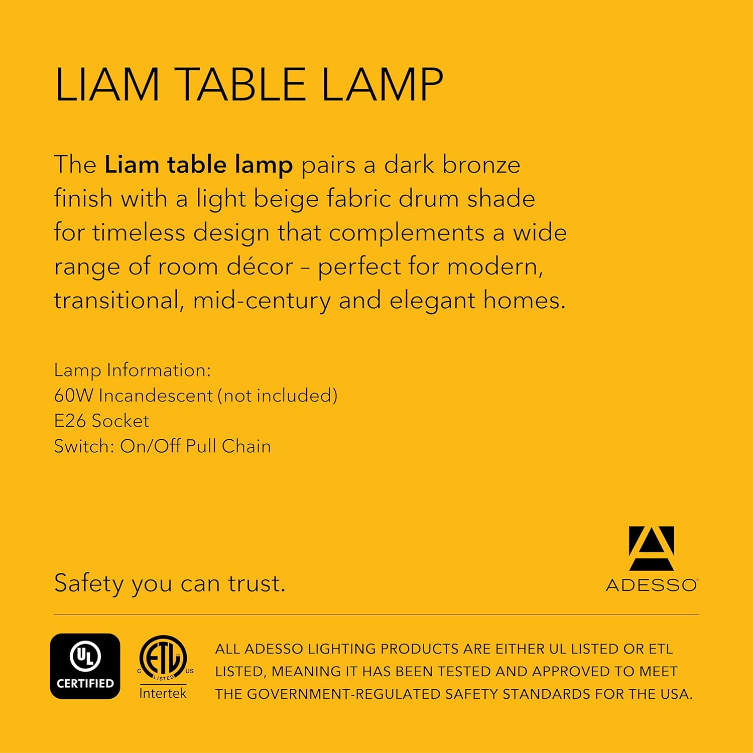 Adesso 1546-22 Liam Table Lamp, 22 in., 60 W Incandescent/13 W CFL, Dark Bronze/Natural, 1 Bronze Lamp