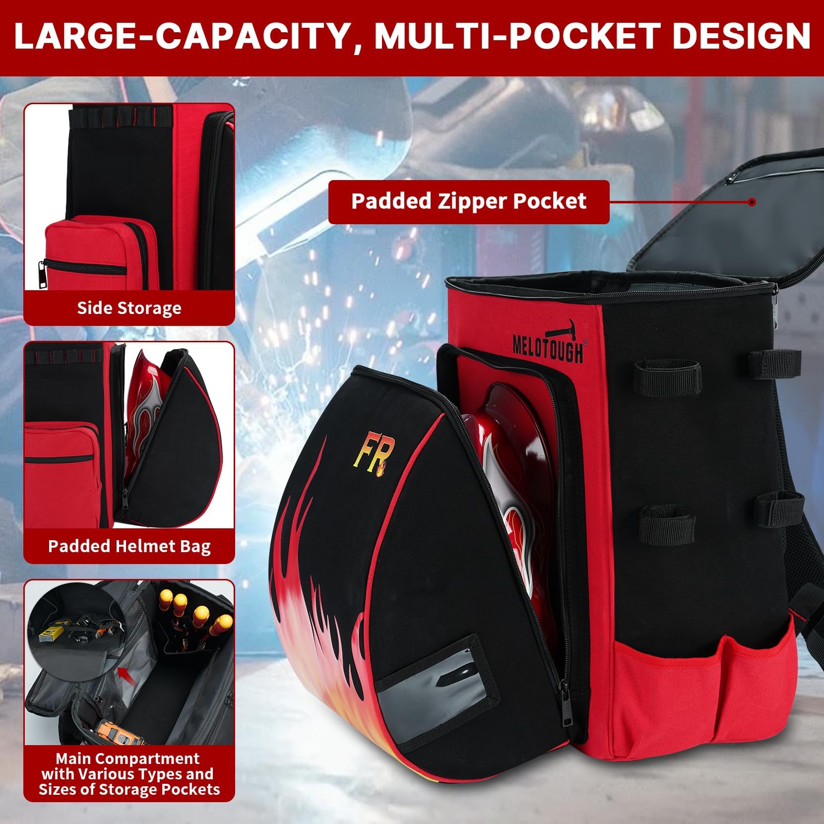 MELOTOUGH Mochila de soldadura de tela resistente al fuego, 32,56 L, bolsa de soldadura de gran capacidad para herramientas y casco, mochila de soldador multiusos con almacenamiento múltiple y