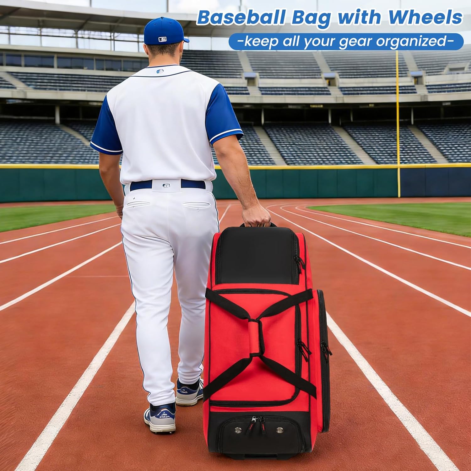 Rolling Baseball Catchers Gear Bag with Wheels, Large Baseball Softball Bag for 4 Bats with Shoe Compartment, Fence-Hooks and Multi-Pockets.