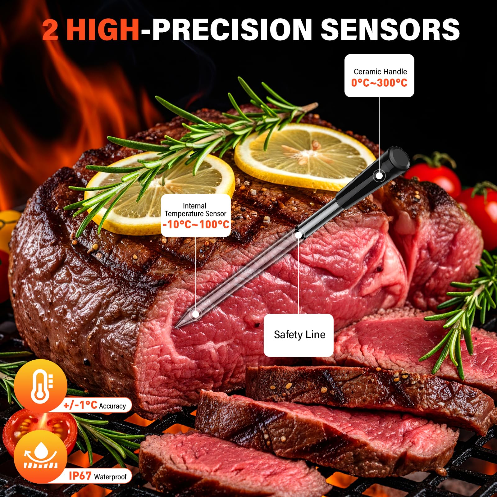Thermomètre Cuisine Sans Fil avec 2 Sondes, Grand Écran LCD, 130m Meat Thermometer Bluetooth avec Smart APP, Sonde Temperature Connectée pour Barbecue, Four, Grill, Fumoir, Rôtisserie, Airfryer