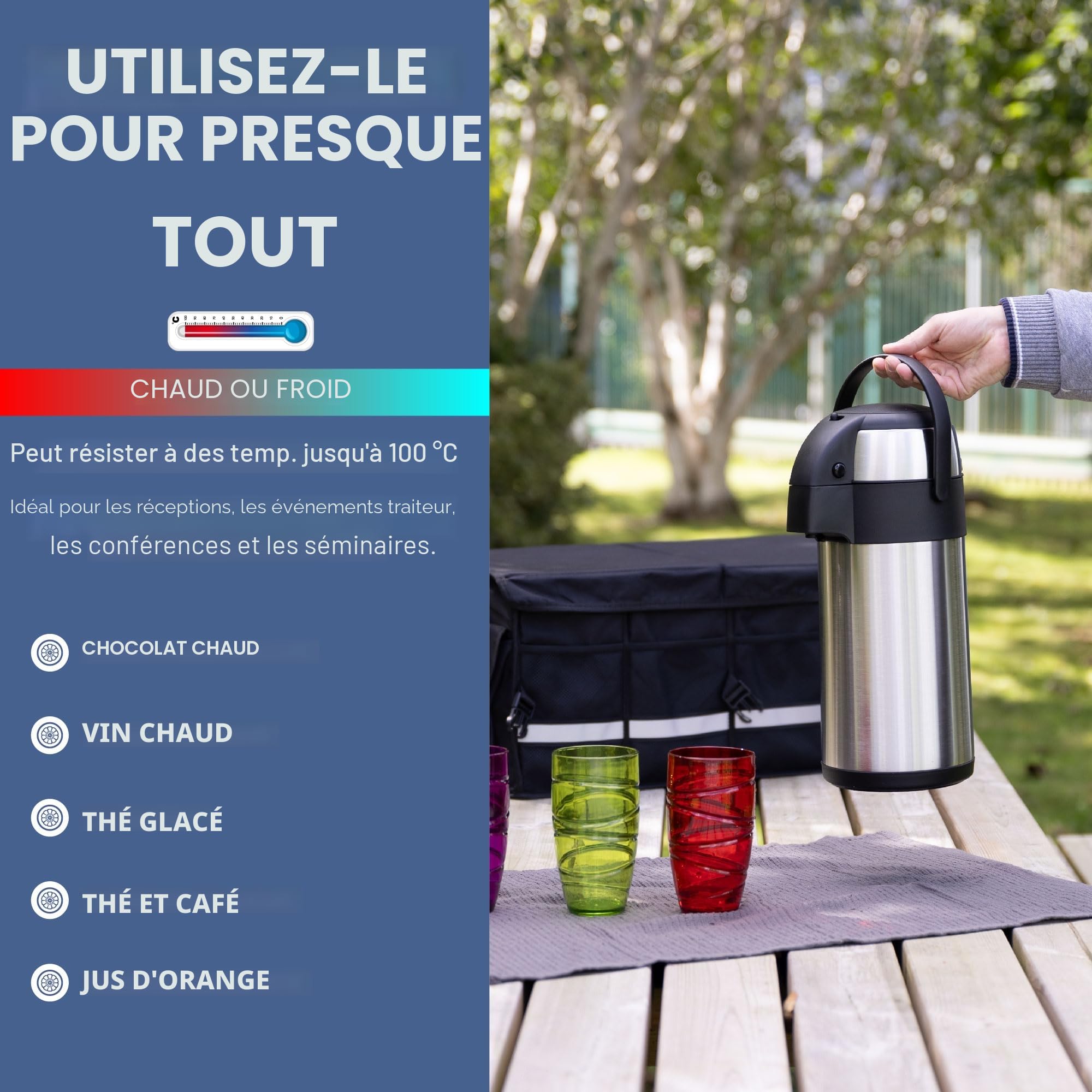 HEFTMAN Carafe à café isotherme - Airpot en acier inoxydable de 3L avec action pompe, isolation à double paroi, carafe à café et thé étanche avec base rotative à 360°, poignée de transport, verrou de