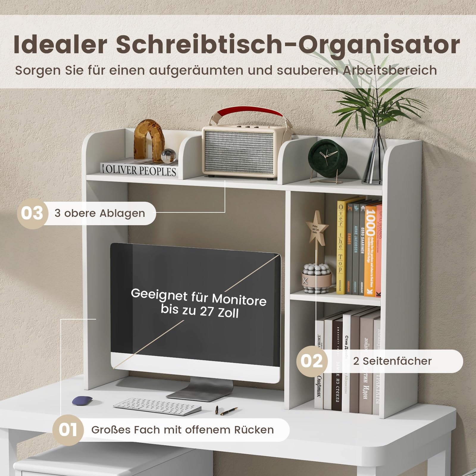 GOPLUS Schreibtischregal, Schreibtisch Bücherregal mit 5 offene Ablagen, Tischregal Desktop Organizer Regal für Büro & Arbeitszimmer, 94 x 25 x 74 cm (Weiß)