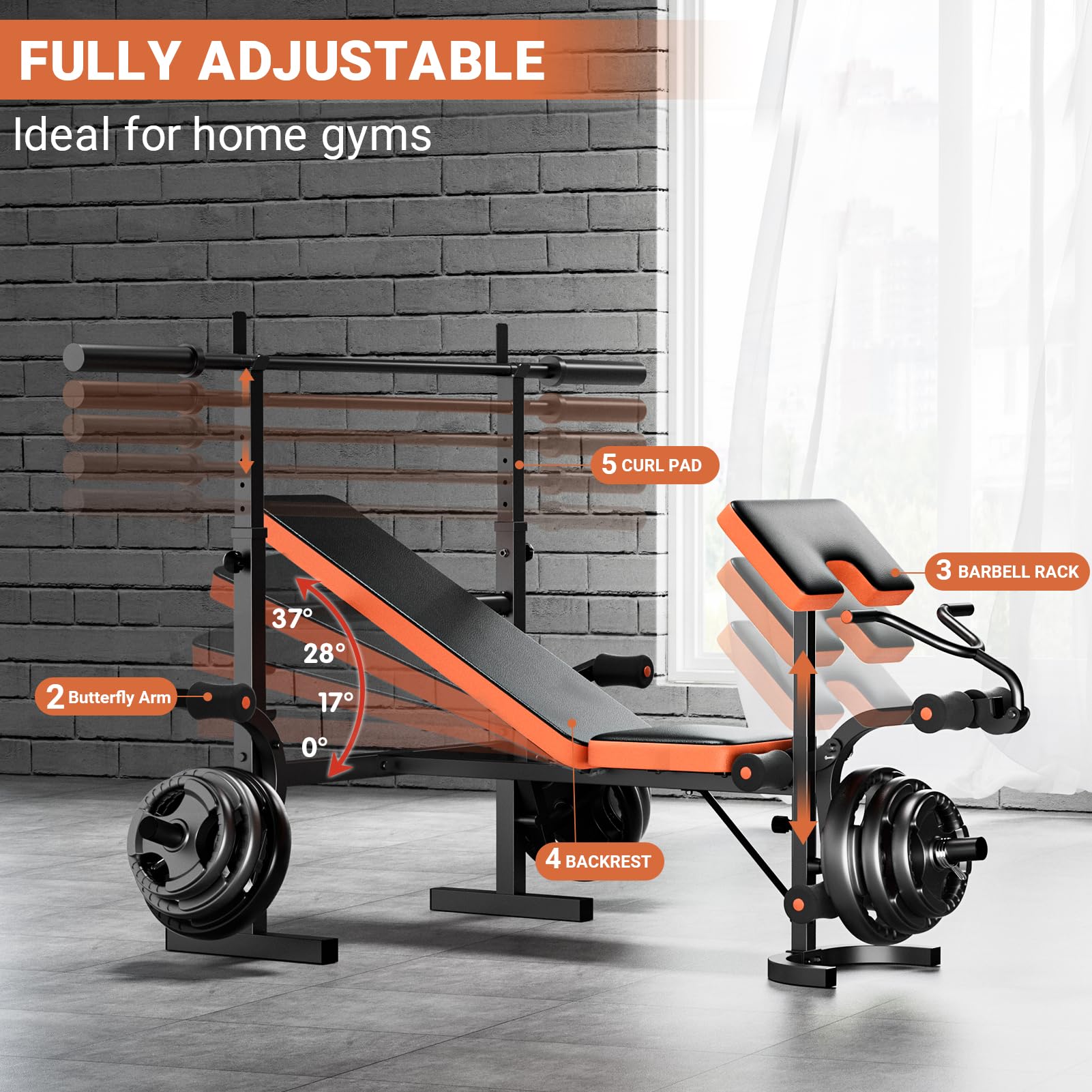 Adjustable Weight Bench with Leg Extension, Preacher Curl & Butterfly Arm, 990lbs Heavy Duty Bench Press for Full Body Home Gym Workout