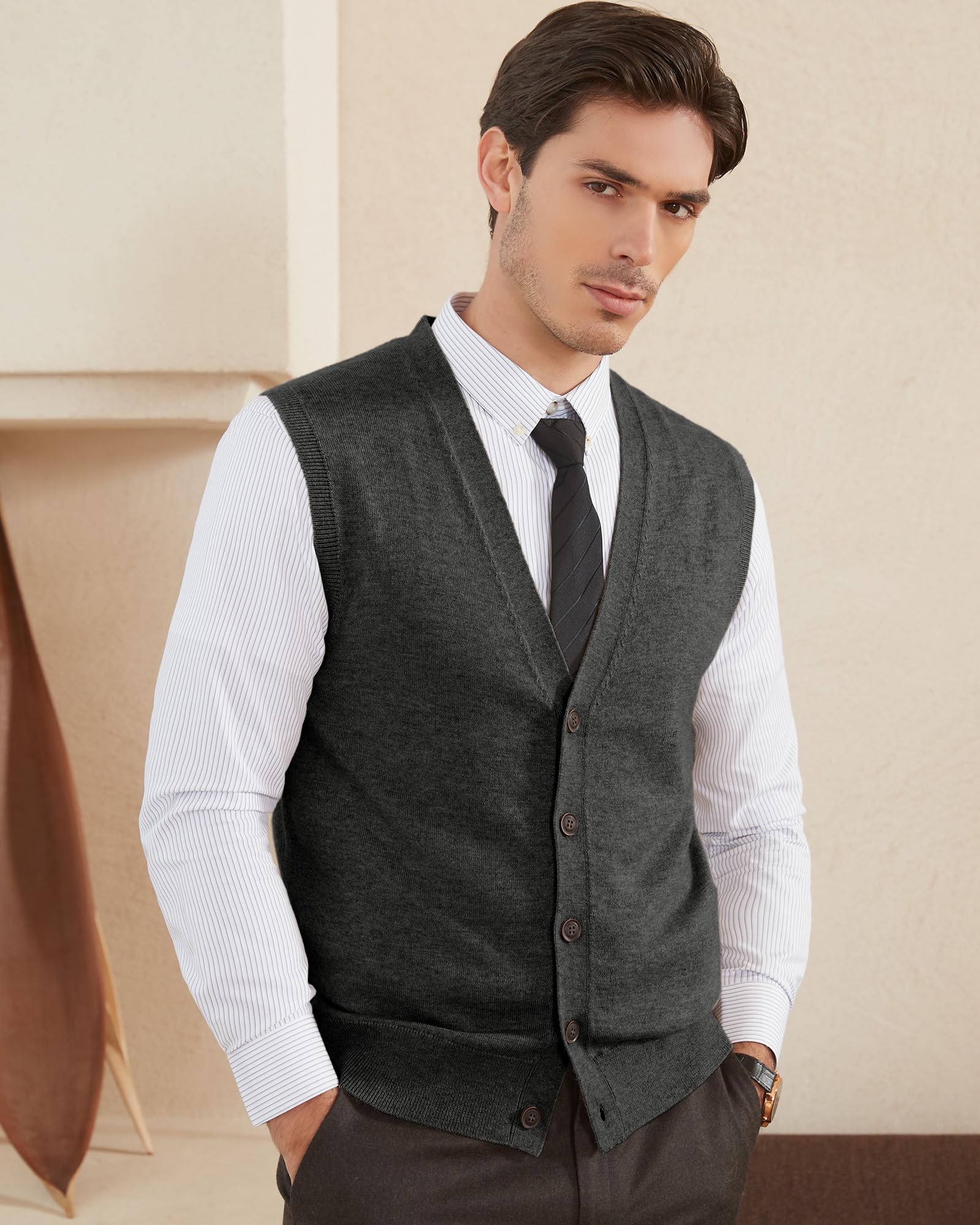 Kallspin Chalecos de Mezcla de Lana para Hombre Cuello en V Chaleco de Punto Cárdigan sin Mangas con Botones
