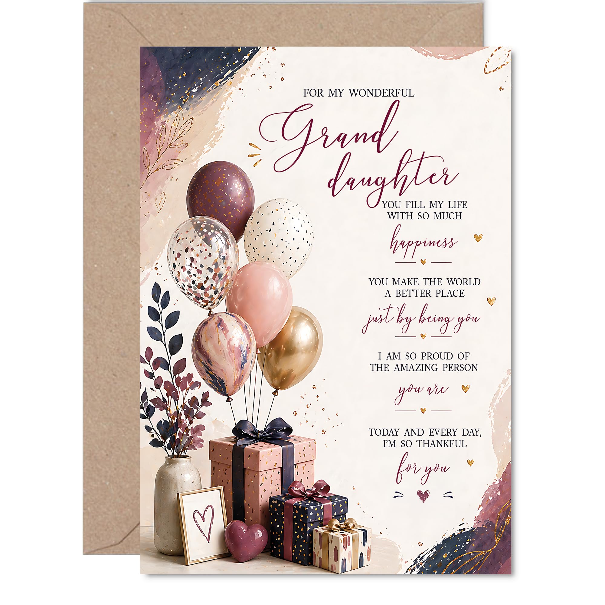 Sentimental Birthday Card for Granddaughter - Brimming with Love and Pride - Balloons, Gifts and Florals in a Joyful Pink and Gold Design, Mother's Day - A5, Envelope Included