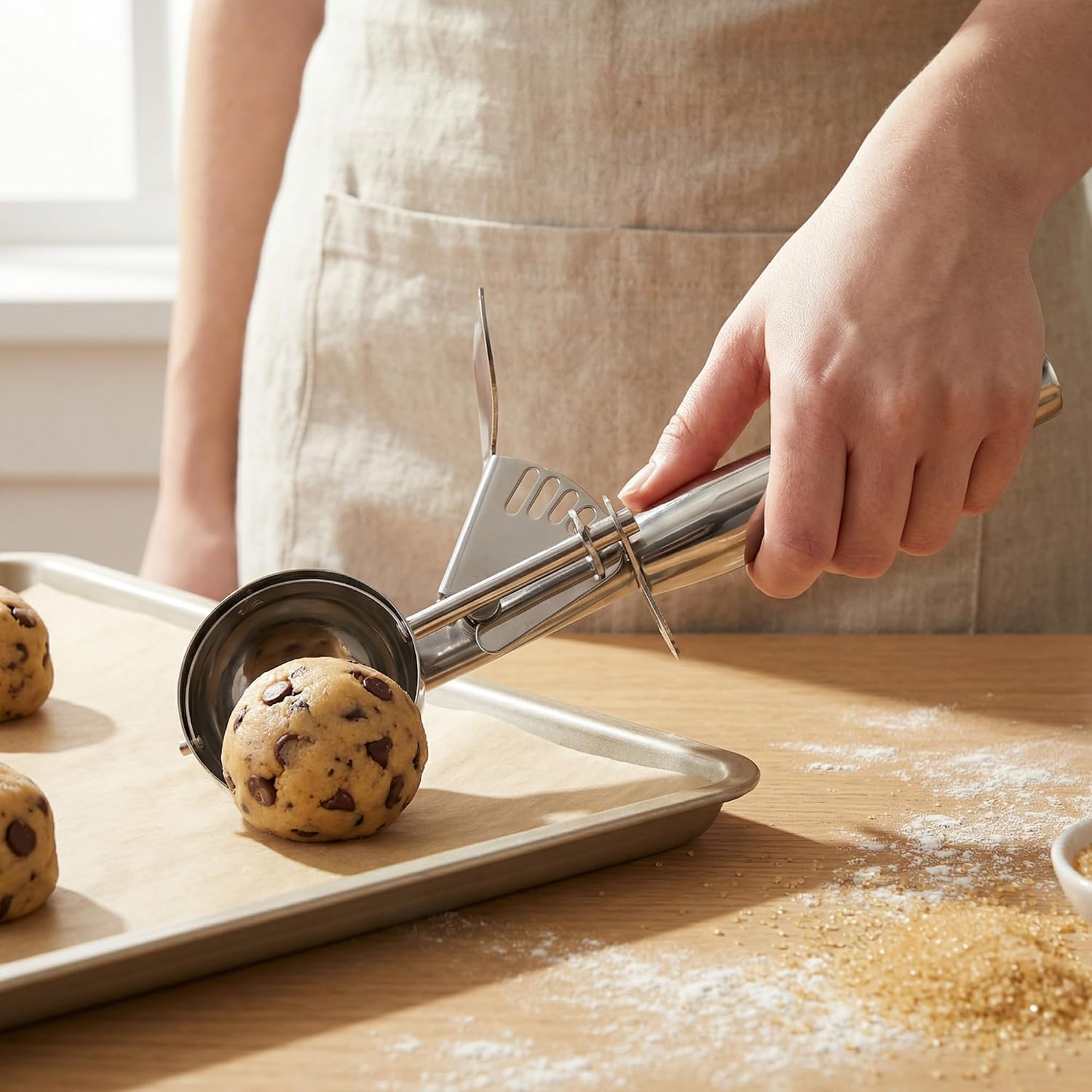 Ice Cream Scoop, Stainless Steel Gear Roller Ice Cream Scooper, Comfortable Handle, Easy Release, for Gelato, Sorbet, Almond 3Pcs Silver