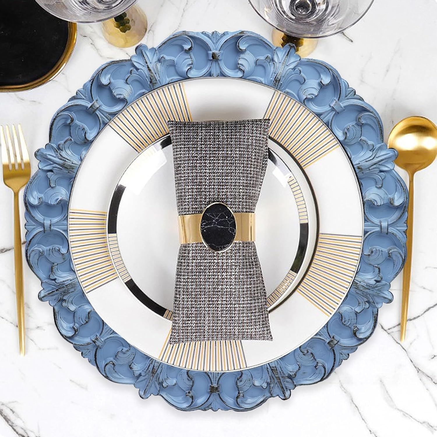 13" Antique Blue Charger Plates, Set of 6 Plastic Textured Chargers for Dinner Plates with Embossed Rim, Table Décor, Party, Wedding, Holiday