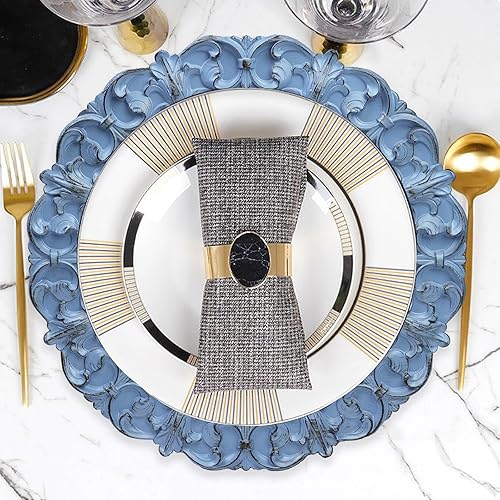 Miniatura 5 de Leemxiiny Platos de carga azul antiguo de 13 pulgadas, juego de 6 cargadores texturizados de plástico para platos llanos con borde en relieve,