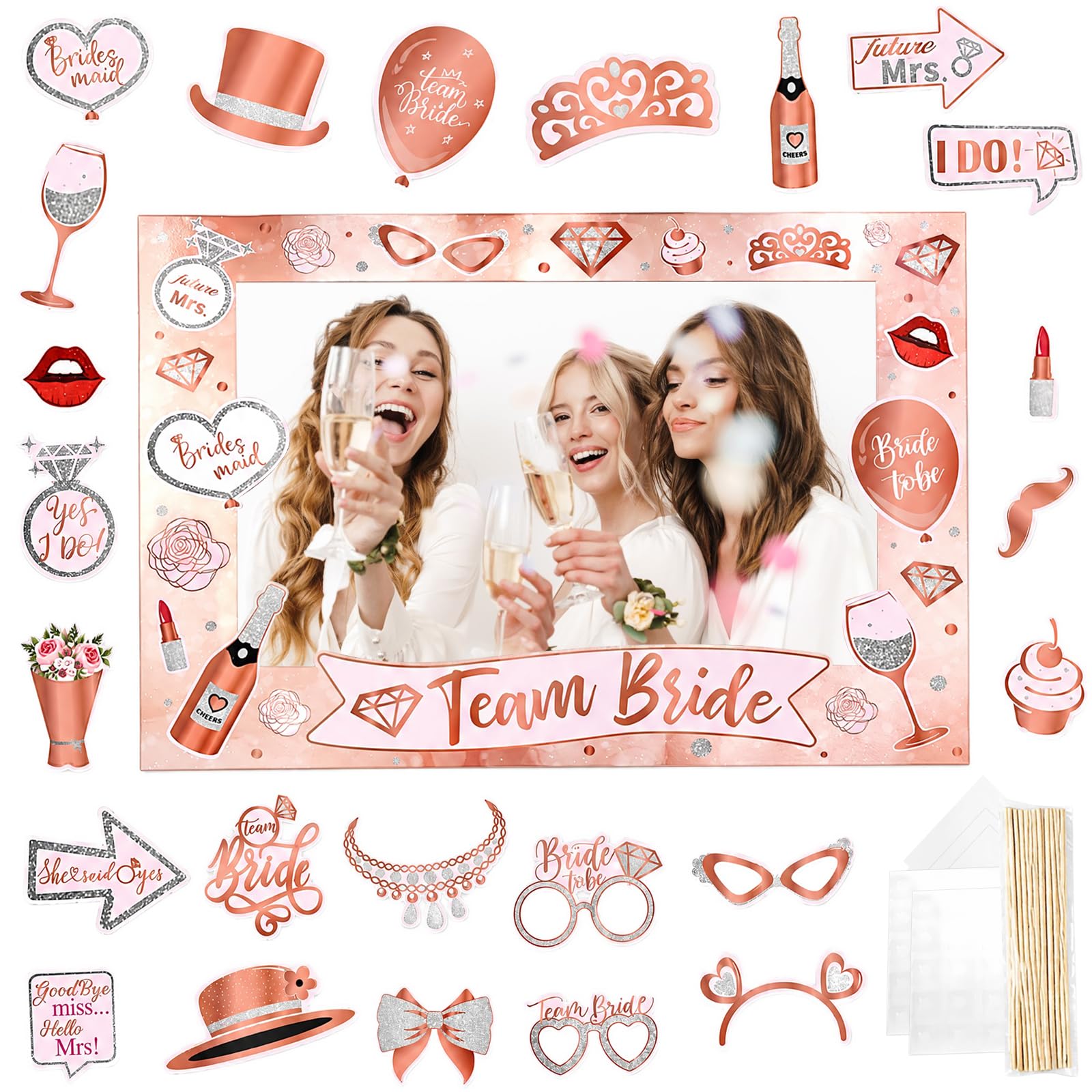 25Pcs Rose Gold Hen Party Photo Booth Props Kit with Frame, Bride to Be Wedding Decorations, Funny Selfie Accessories for Hen Do, Bridal Shower, Engagement and Bachelorette Party