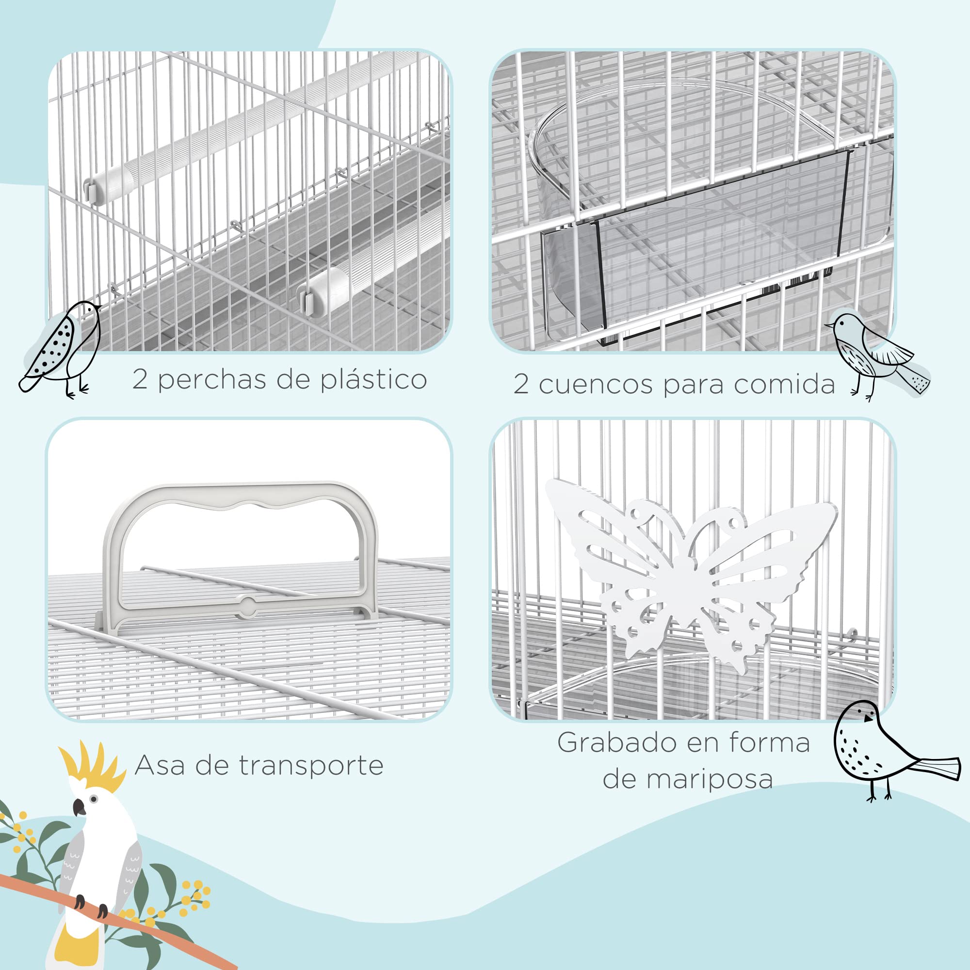 PawHut Jaula Pajaros 60x41x41cm Pajarera Pajaro Loros Canarios Cotorras Hierro Blanco