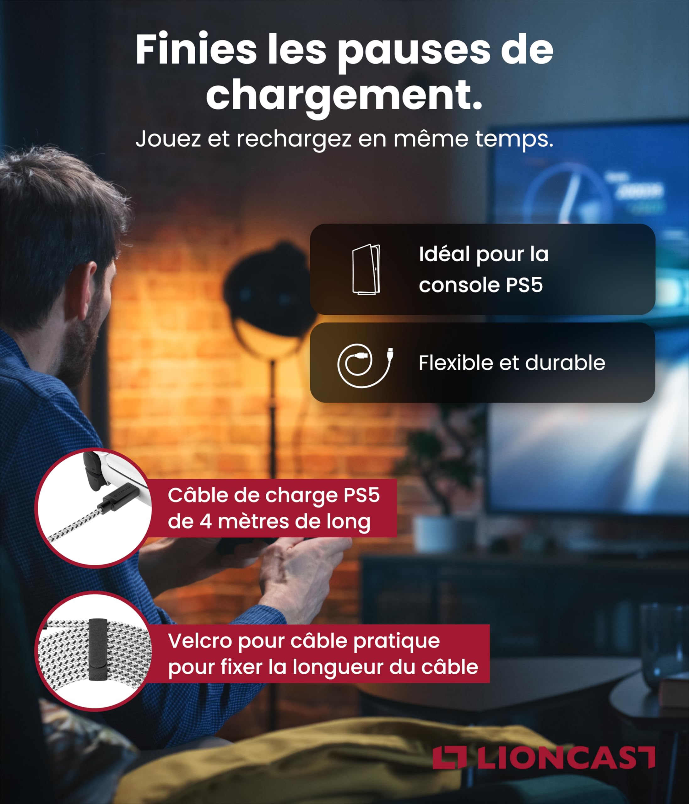 Lioncast® Câble USB-C (4m) - Câble de Charge pour Manette PS5 - Charge Rapide et Transfert Efficace - Câble USB Type-C Durable de 4m - Compatible avec Xbox One, iPhone 15, et Appareils USB-C