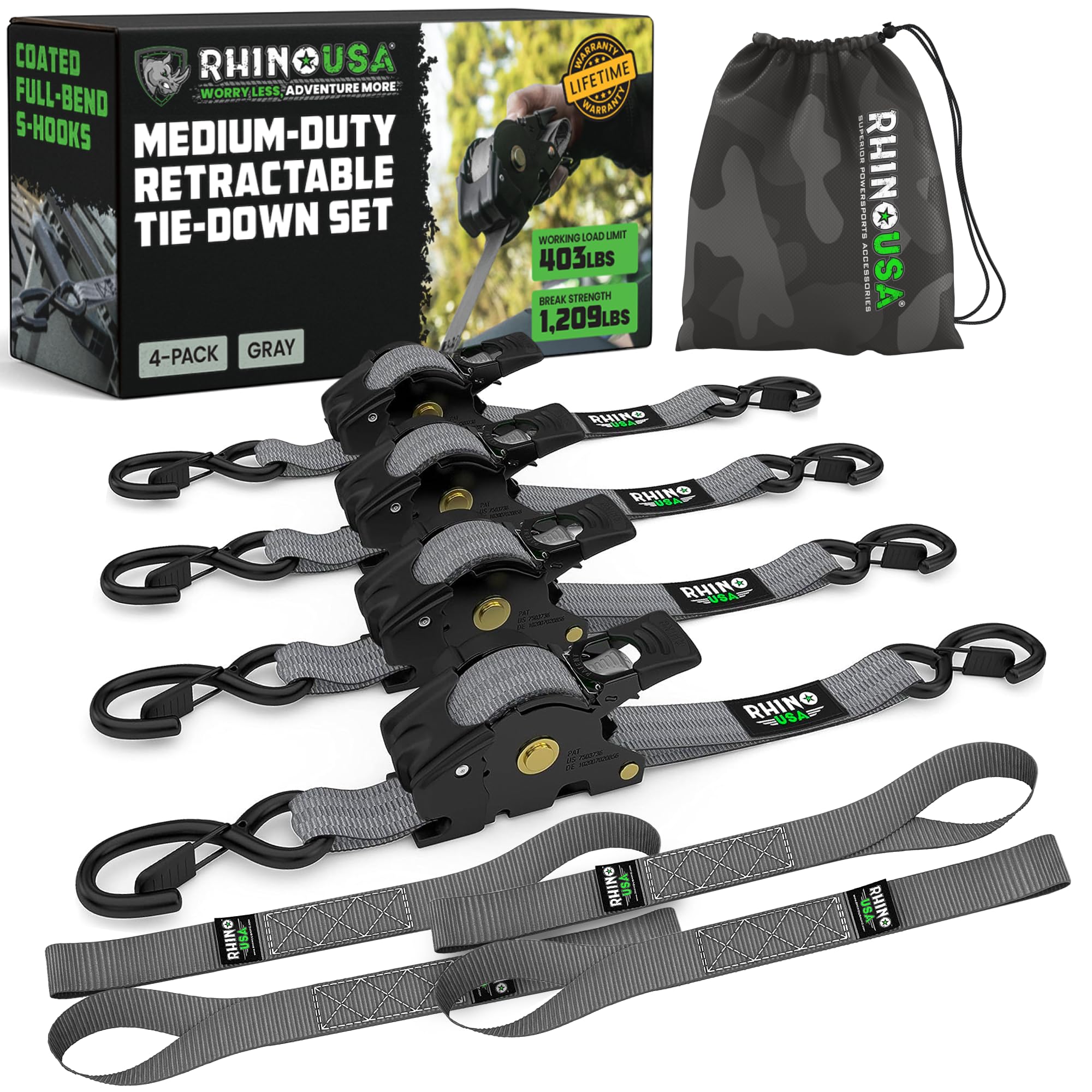 Rhino USA Retractable Ratchet Tie Down Straps (4PK) - 1,209lb Guaranteed Max Break Strength, Includes (4) Ultimate 1" x 10' Autoretract Tie Downs with Padded Handles