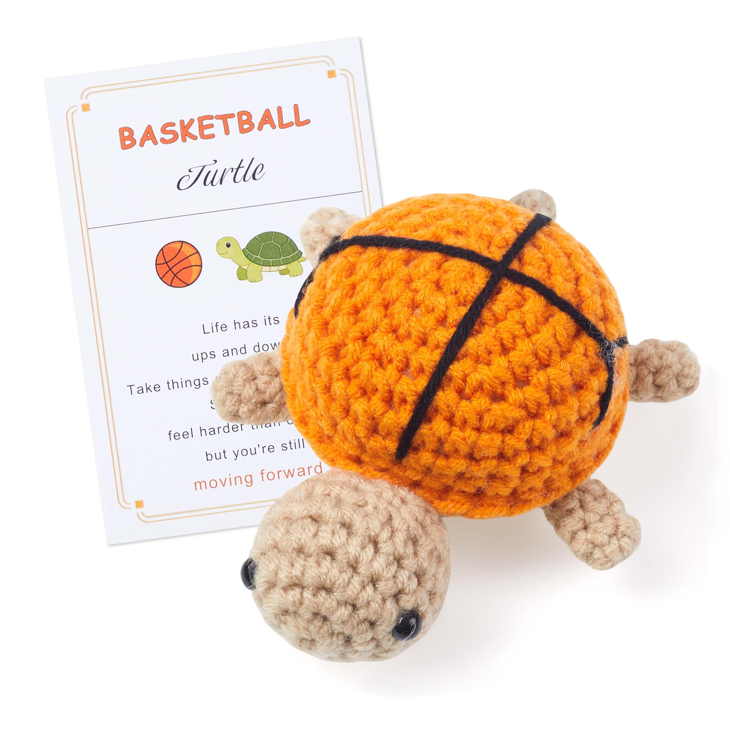 QINJIEJIE Basketball Crochet Gifts, Handmade Knitted Basketball Turtle Plush with Encouragement Card, Emotional Support Turtle, Basketball Player Gift, Team Gift, Cute Desk Decor for Boys, Sports Fans