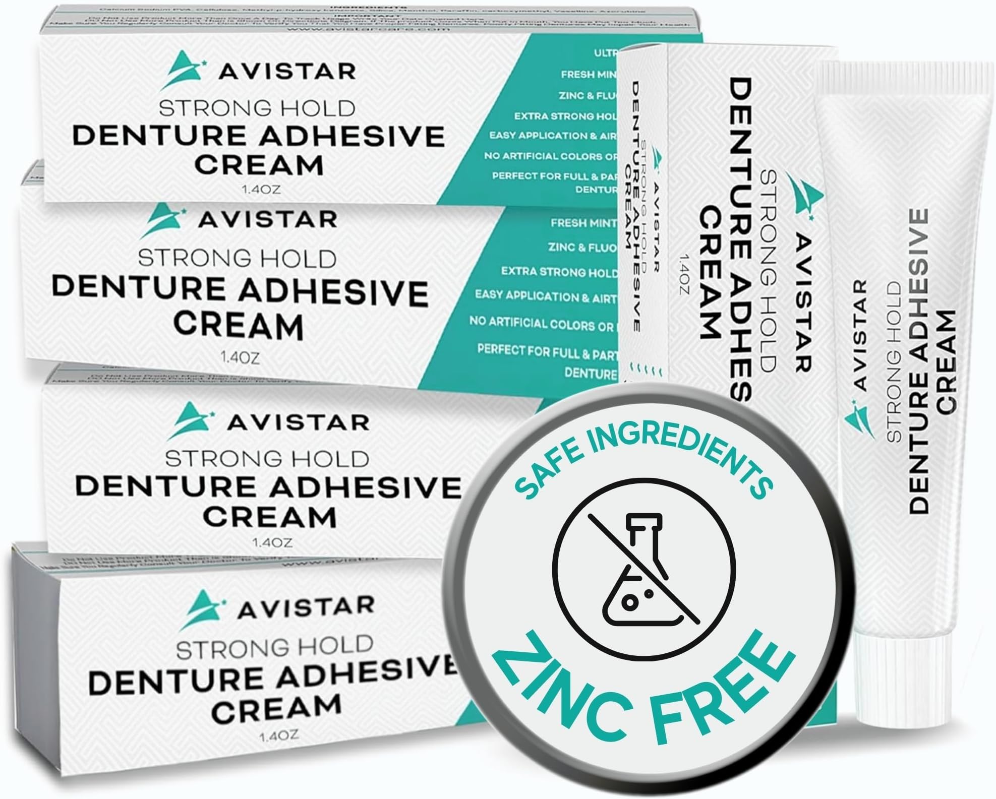 Extra Strong Denture Adhesive Cream, 12 Hour Hold Dental Glue, Waterproof, Zinc & Fluoride Free, Easy Apply Nozzle, Seals Food Out for Comfort, Mint Flavor (5 Pack, 7 Fl Oz)