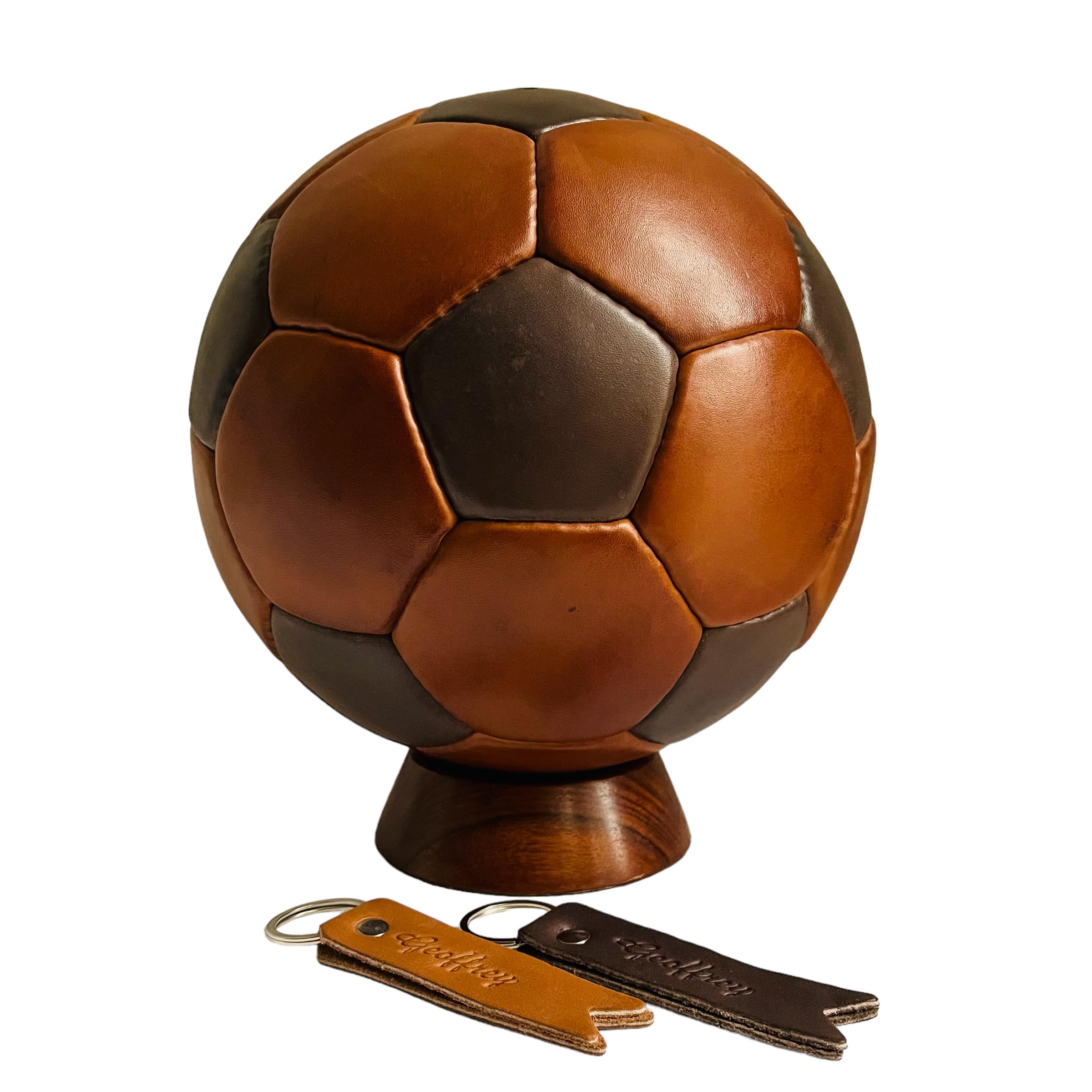 Geoffrey Vintage 32 Panel Soccer Ball 100% Cow Leather with Wooden Base | TAN & Dark Brown | Size 5 | Retro Football