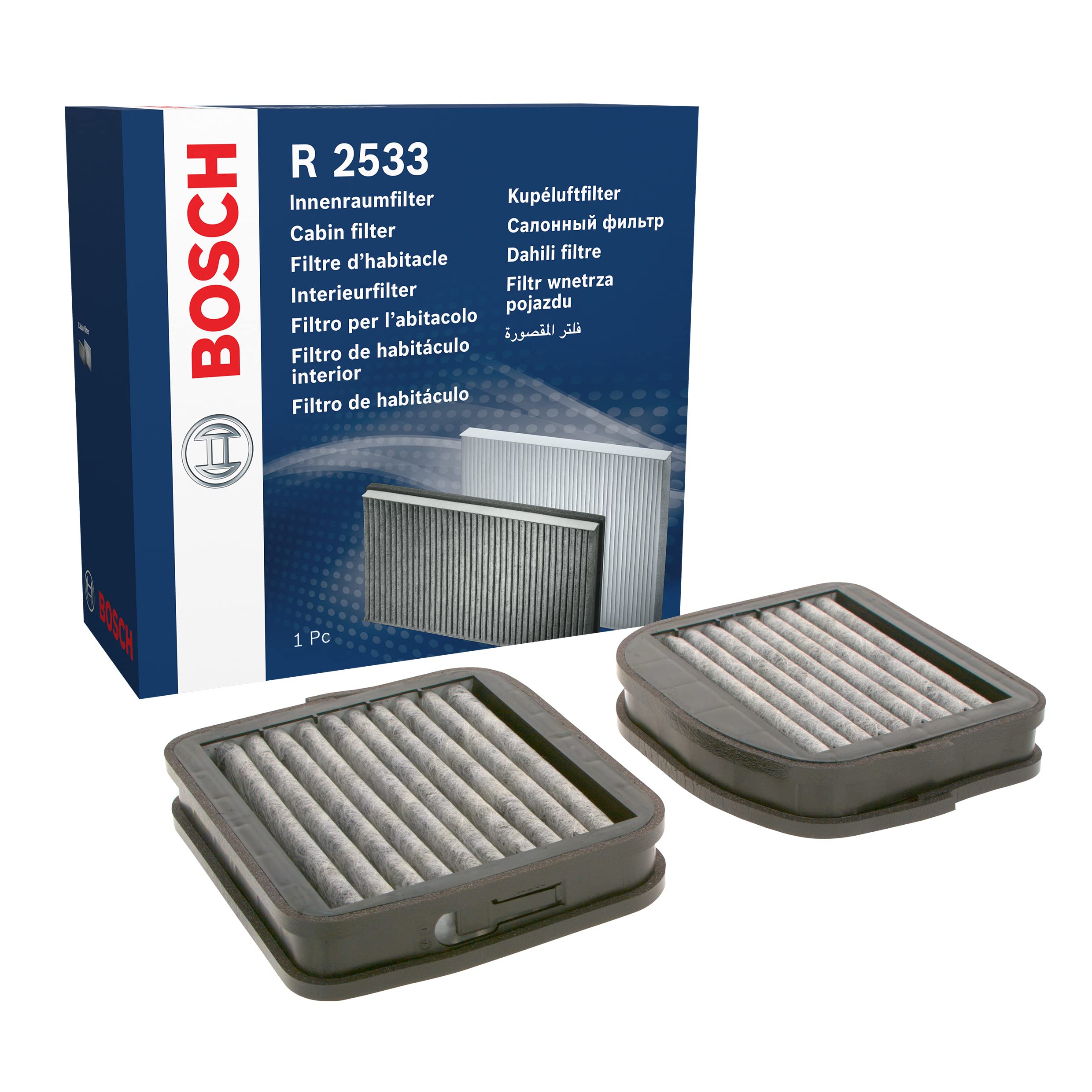 Bosch Filtro Abitacolo ai Carboni Attivi R2533, Filtro di Ricambio - Contro cattivi odori, polline e polvere per un'aria più pulita all'interno del veicolo - 2 Filtri | Compatibile con: MAYBACH 57, 62, MERCEDES-BENZ E-CLASS, E-CLASS Pritsche/Fahrgestell,