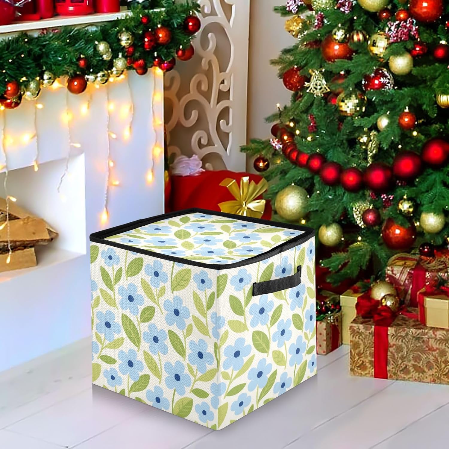 High Capacity Christmas ornament storage Holds Up to 64, Adjustable Dividers, Zippered Top, Two Handles handy Holiday Storage Case with Lid,Spring Minimalist Blue Floral