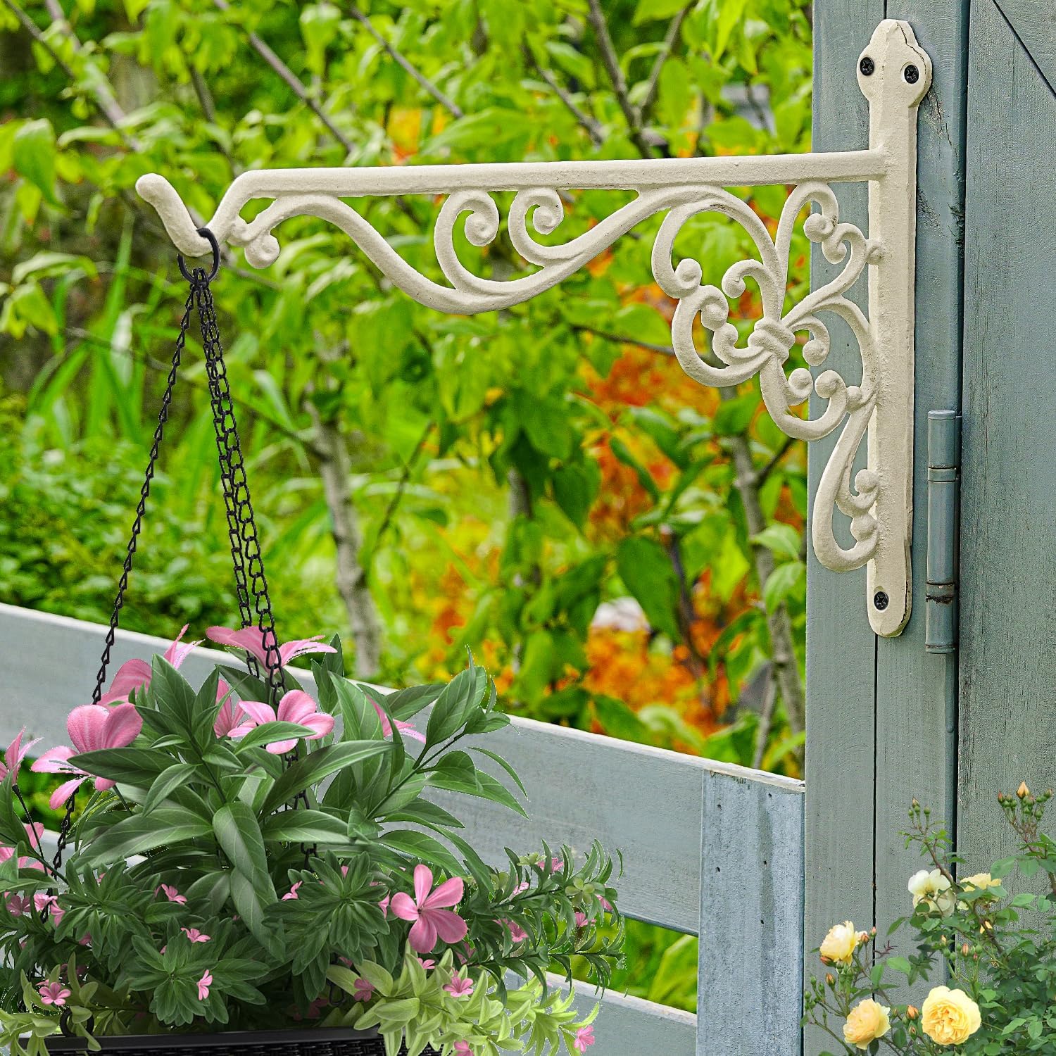 Sungmor Decorative Cast Iron Hanging Bracket - 15.6" Thickened Outdoor Metal Plant Hangers, Vintage Scroll Design for Signs, Planters, Lanterns, Bird Feeders - 2 Pack Heavy Duty Wall Hooks, White