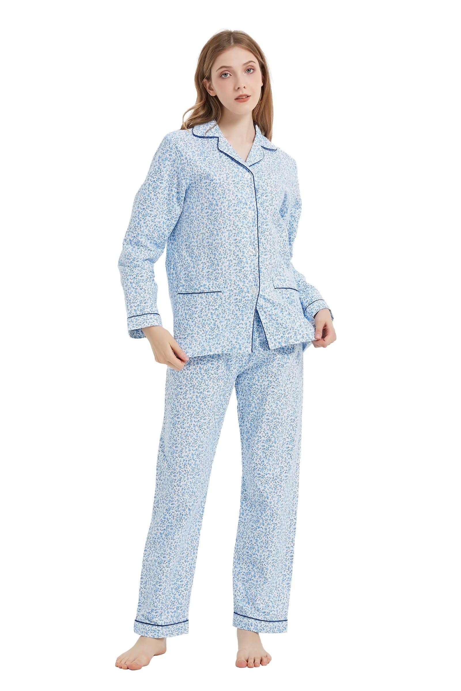 Kolipajam Women's Blue Floral 100% Cotton Flannel Pyjama Set Cozy Drawstring Waist Winter Pjs For