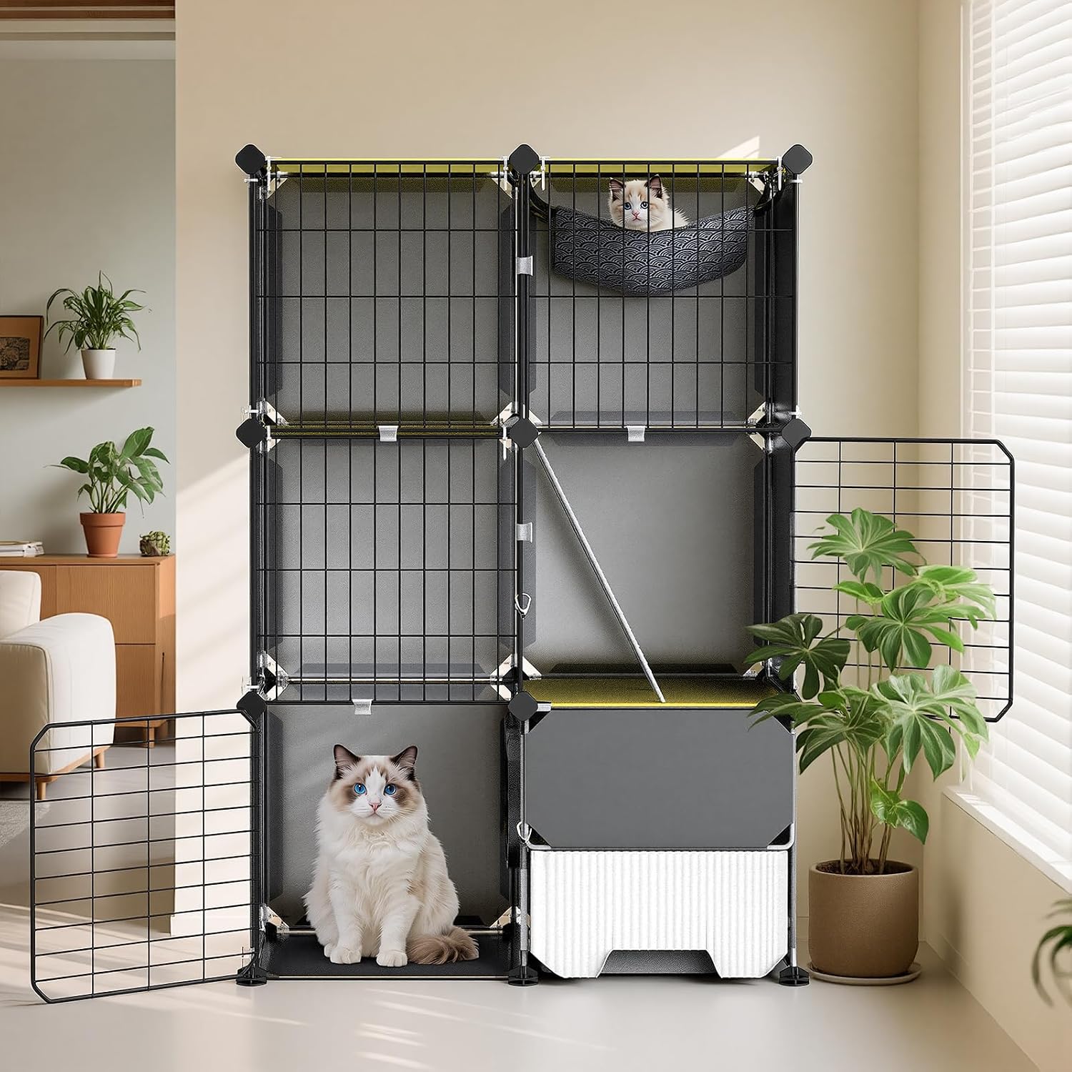 Large 3-Tier Cat Cage, Indoor Cat Playpen with Litter Box, Hammock & Scoop, DIY Metal Wire Kennel for 1-2 Cats Ferrets Small Pets, 28"x14"x42"