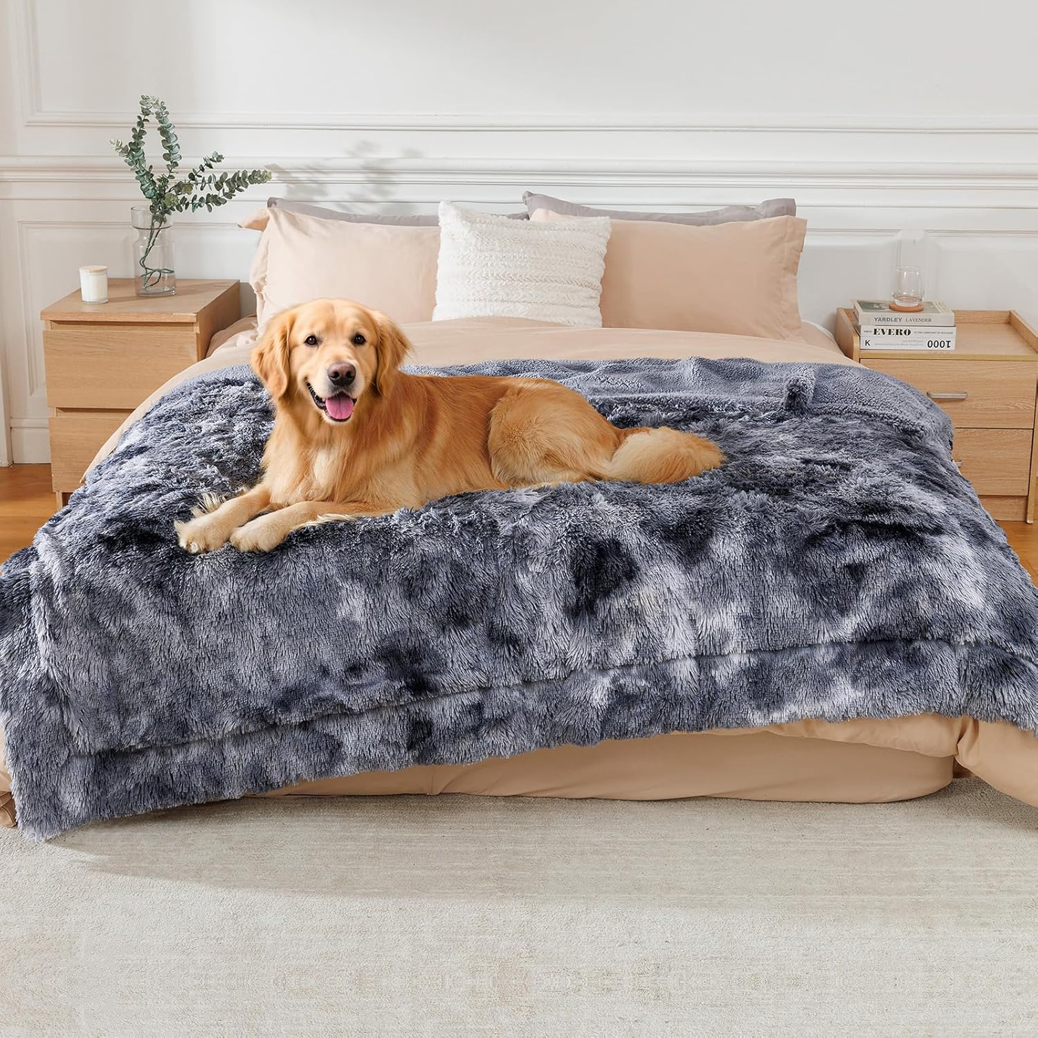 Luciphia Large Waterproof Dog Blanket Pet Washable Liquid Proof Furniture Protector Extra Large Calming Long Faux Fur Bed Cover for Couch Cat Blankets Reversible Protection, Tie-dye Grey, 60" x 80"