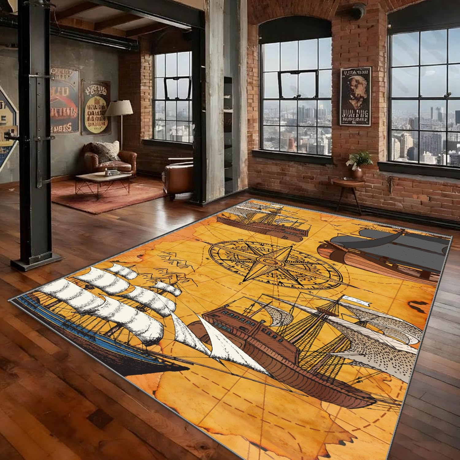 PDENZG Vintage Nautical Rug,160x230cm,World Map Pirate Adventure Boat Ocean Area Rugs,Ocean Theme Compass Rug,Foldable Non-Slip Nautical Carpet,for Coastal Home Decor Living Room Bedroom