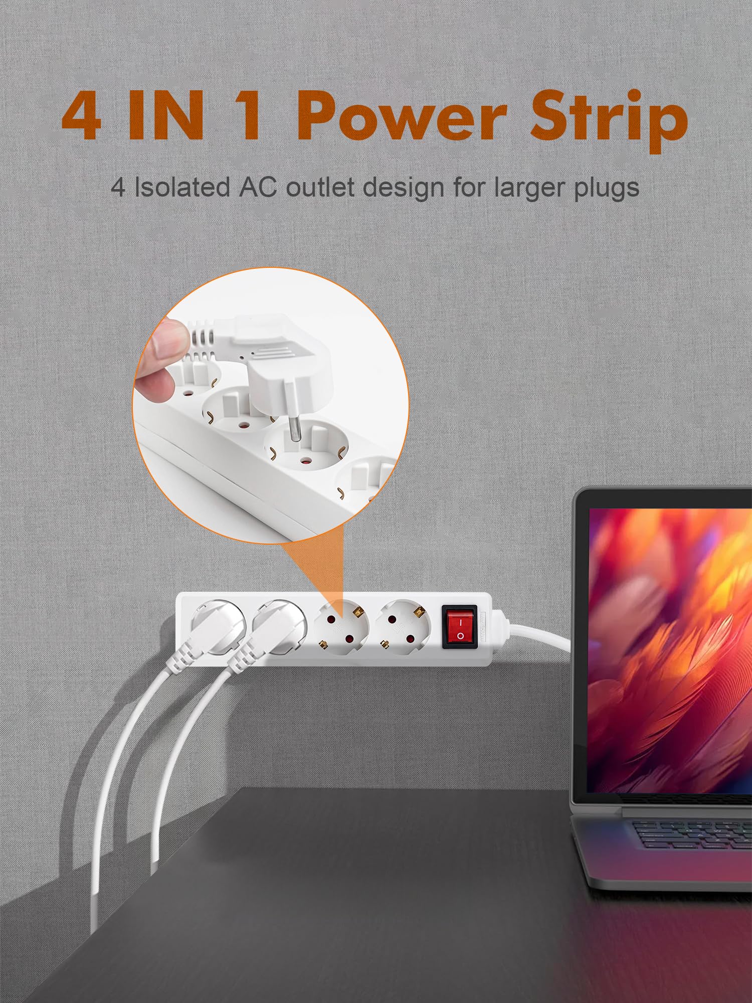 GRIFEMA Regleta Enchufes con 4 Tomas y Interruptor, 3500 W, 16 A, 1,5 m, Blanco, Protección Infantil, Orientación a 45 Grados, Evita Consumos Fantasma — view 2