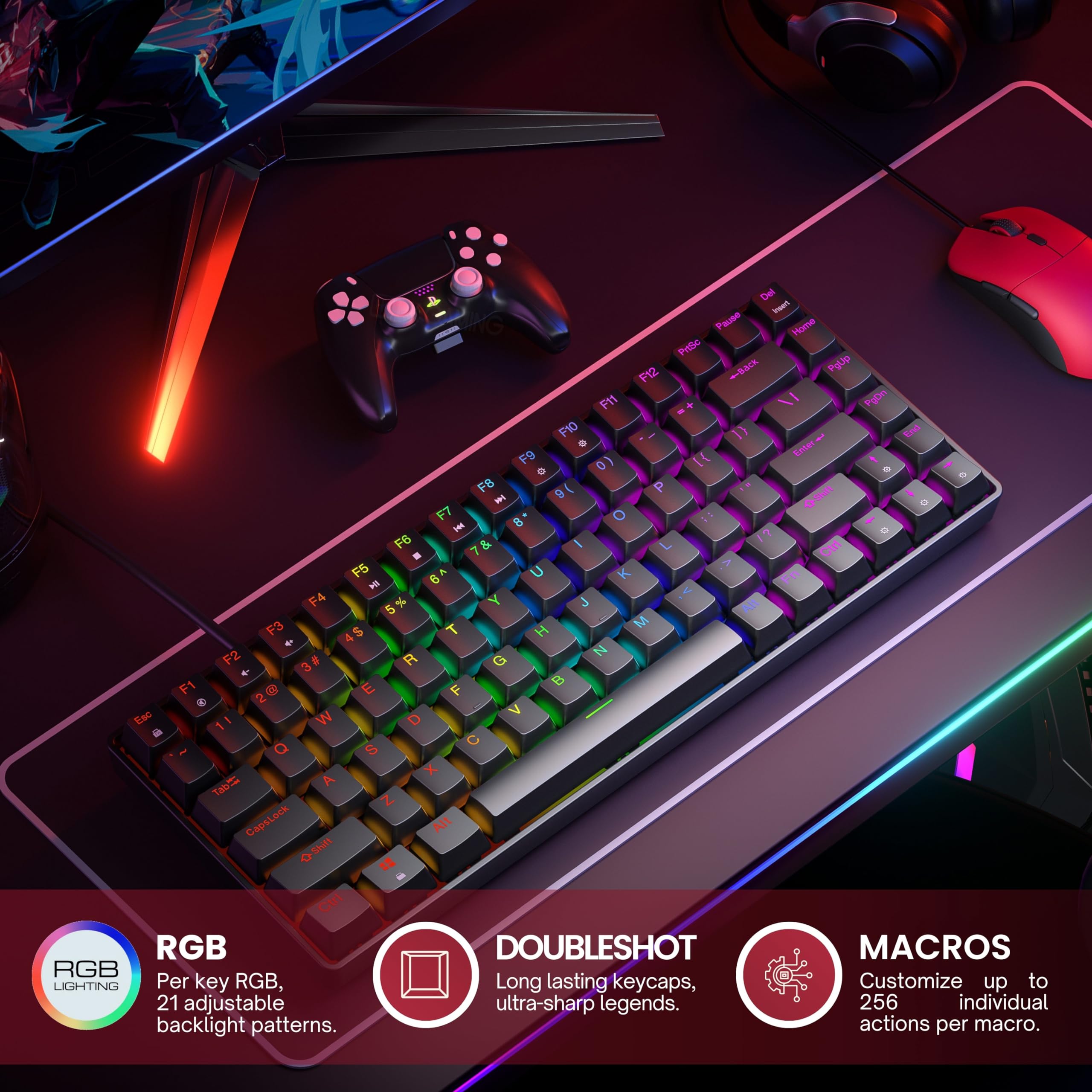 HK GAMING GK75 75% v3 | Tastiera meccanica da gioco hotswap | 84 tasti multicolore RGB retroilluminata a LED per PC/Mac Gamer | layout USA (nero, rosso meccanico)