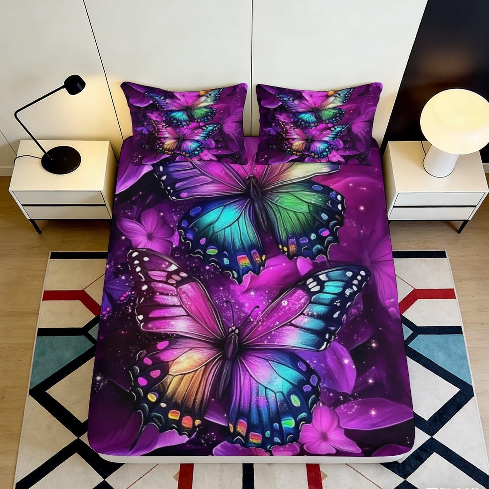 Jqzkxnhpbr Style-6 3D Printed Purple Butterfly Fitted Sheet Microfiber Soft Bedroom Decor Rainbow Butterfly Mattress Cover For Home Dorm 90X200x25cm