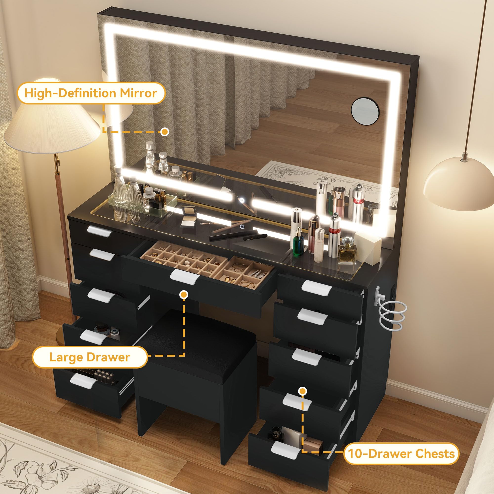 DWVO Schminktisch mit Spiegel, Kosmetiktisch mit 11 Schubladen, Beleuchtung, Steckdose, schwarz (Make Up Tisch, Frisiertisch, Kosmetiktisch, Vanity Table)