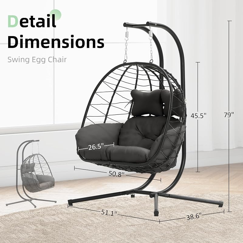Double Egg Chair with Stand Hammock Swing Chair Foldable Hanging Loveseat, UV Resistant Removable Cushions, 700LBS Capacity for Bedroom, Balcony, Garden(BK-GR) image 2