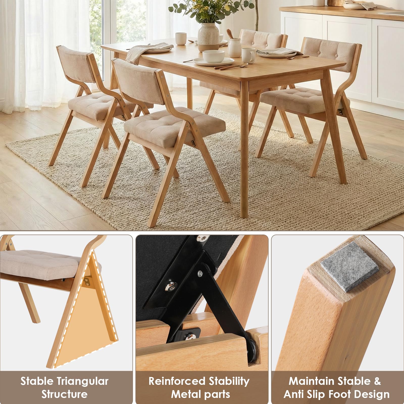 Clevich Chaises Pliantes Tapissées 4pcs, 47 x 55 x 77 cm, chaises Pliantes interieures en Bois, pour Adultes, Style Nordique avec Bois et Tissu Lin, pour invités, Bureau, Mariage et fête, Beige