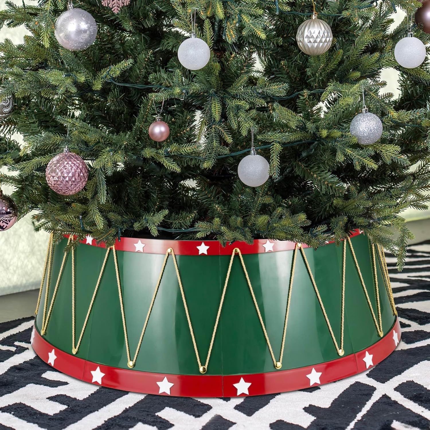 Christmas Tree Collar, 28.4" Festive Drum Design Tree Ring, Durable Plastic with Mirror Finish, Easy to Assemble and Clean, Pet-Proof Base Cover for 8ft Trees (Green and Red) Polypropylene, Green Drum