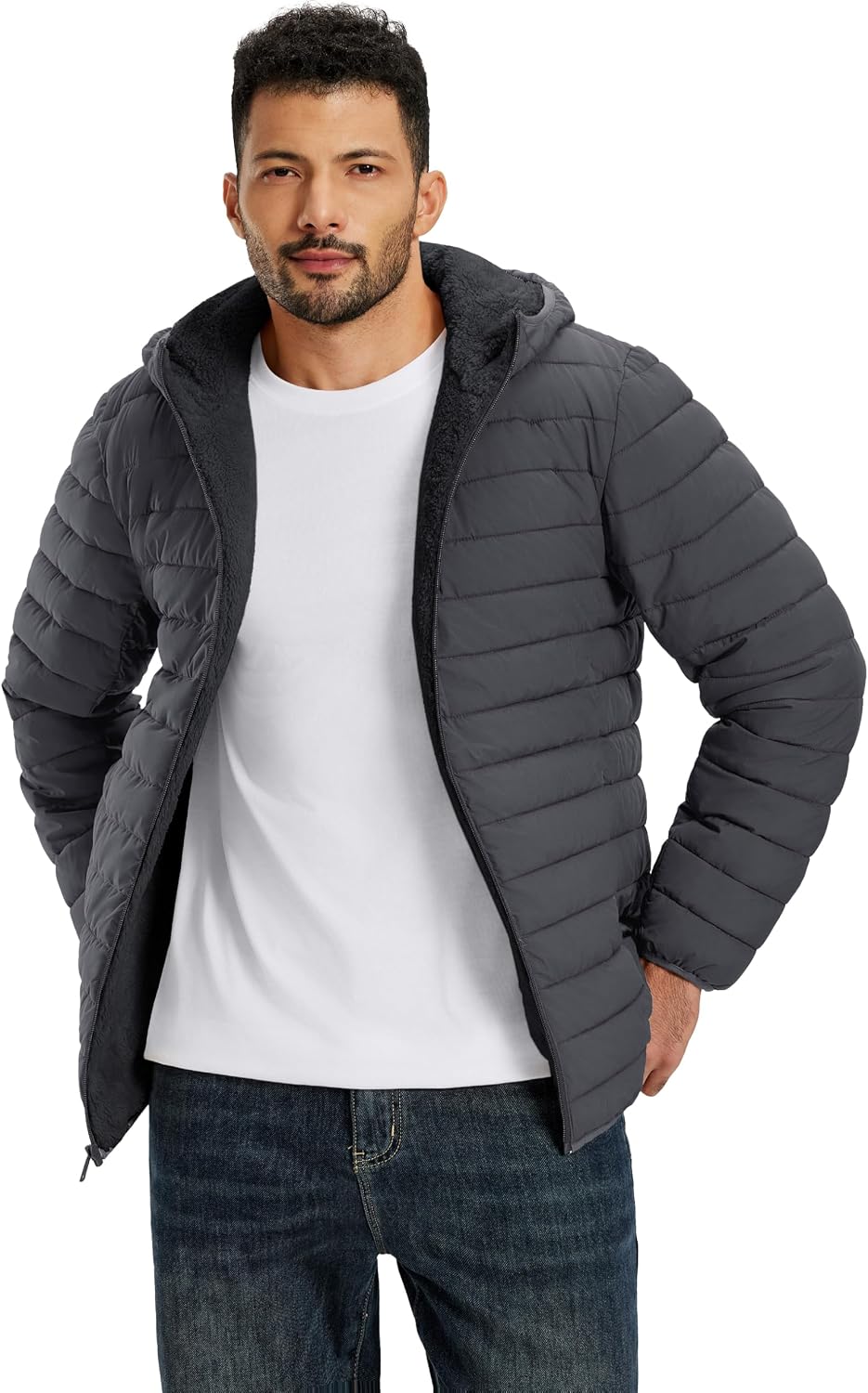 TACVASEN Men's Puffer Jacket Hooded Sherpa Lined Water Resistant Windproof Insulated Jacket Warm Winter Puffy Coat