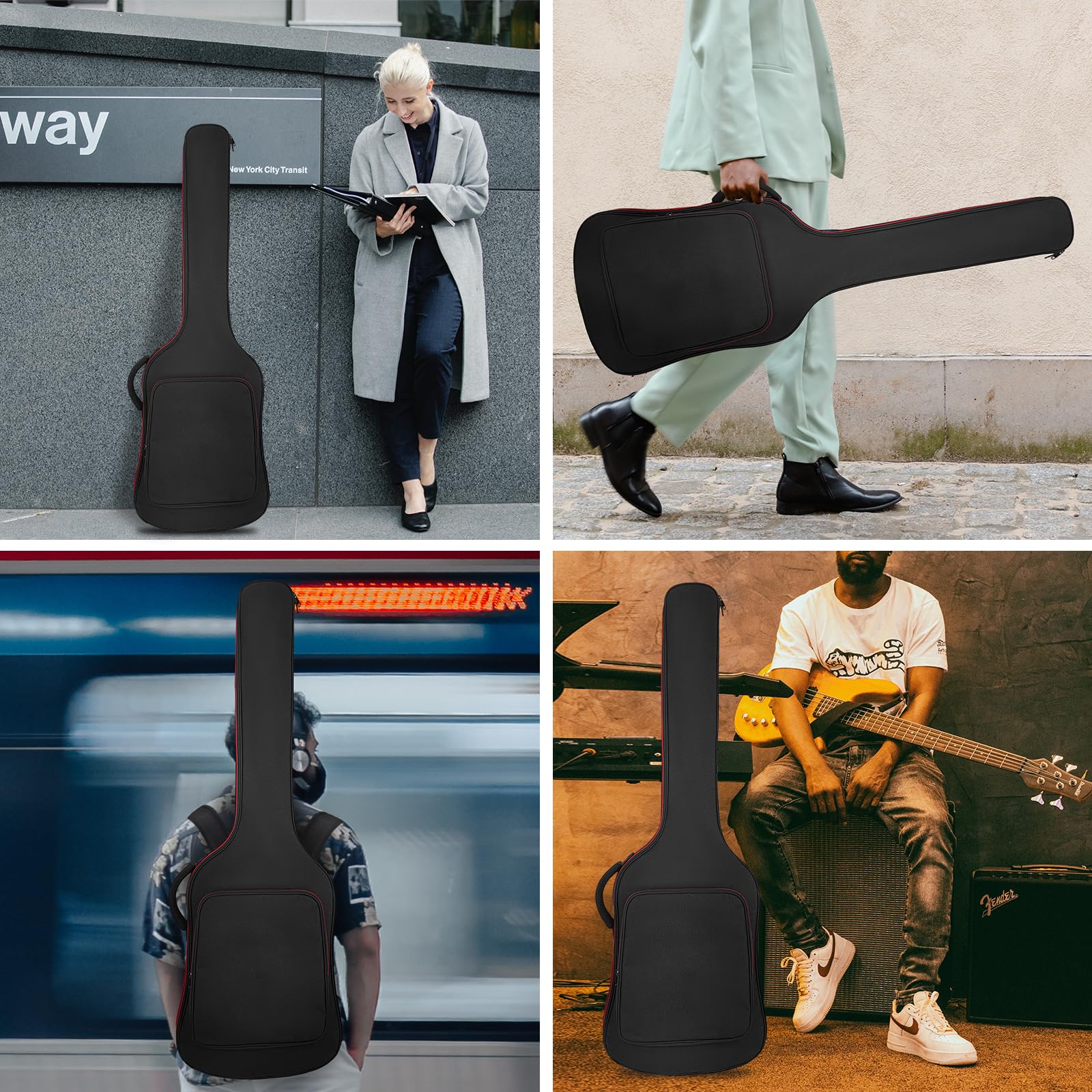 Sac à dos pour guitare basse avec rembourrage de 10 mm - Étanche - Avec sangle de protection du cou et bandoulière réglable - Noir, Noir , Bass Guitar Bag-Red Zipper