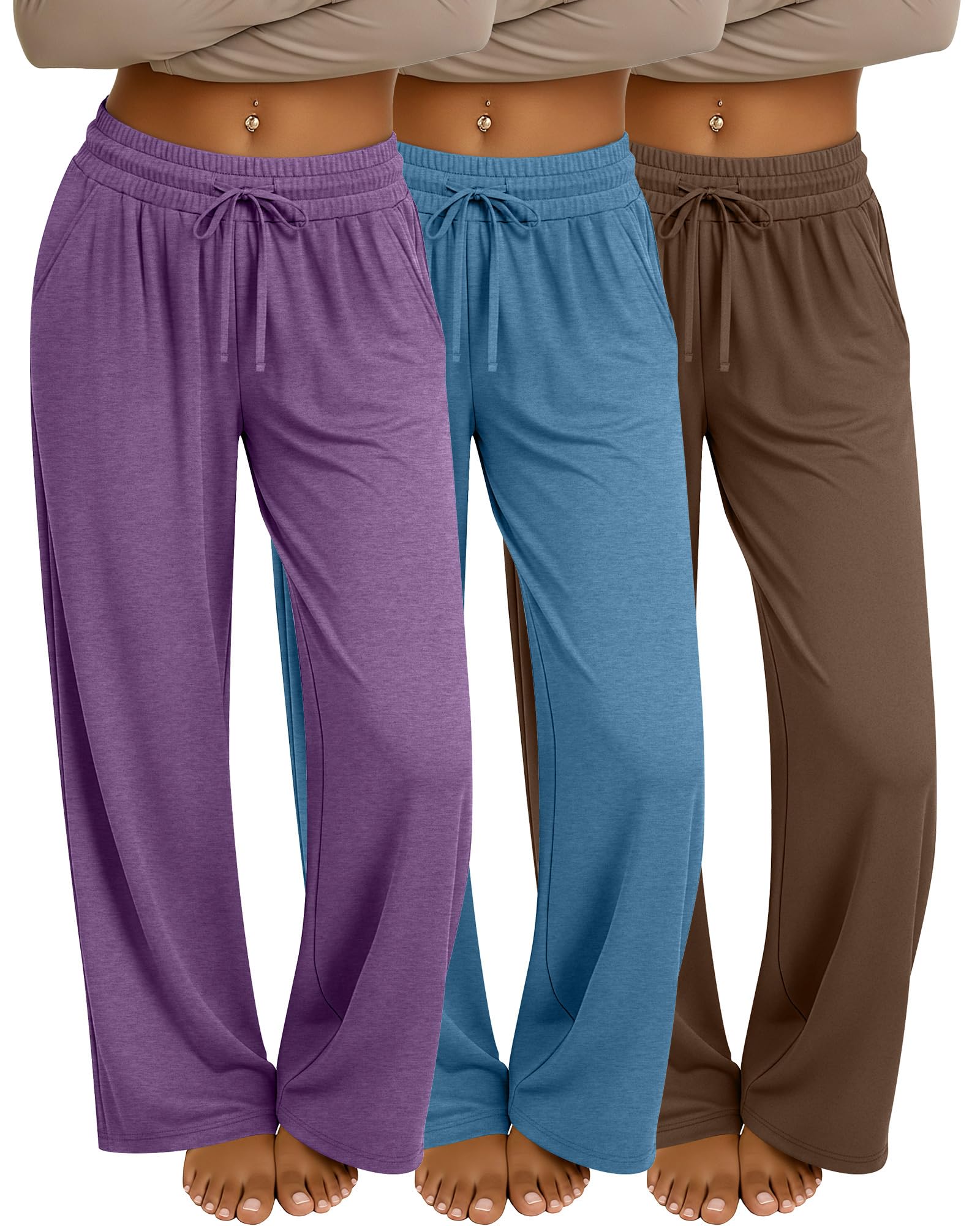 Neer Pack de 3 Pantalones Deportivos Holgados para Mujer con Bolsillos, Pantalones de Yoga de Pierna Ancha