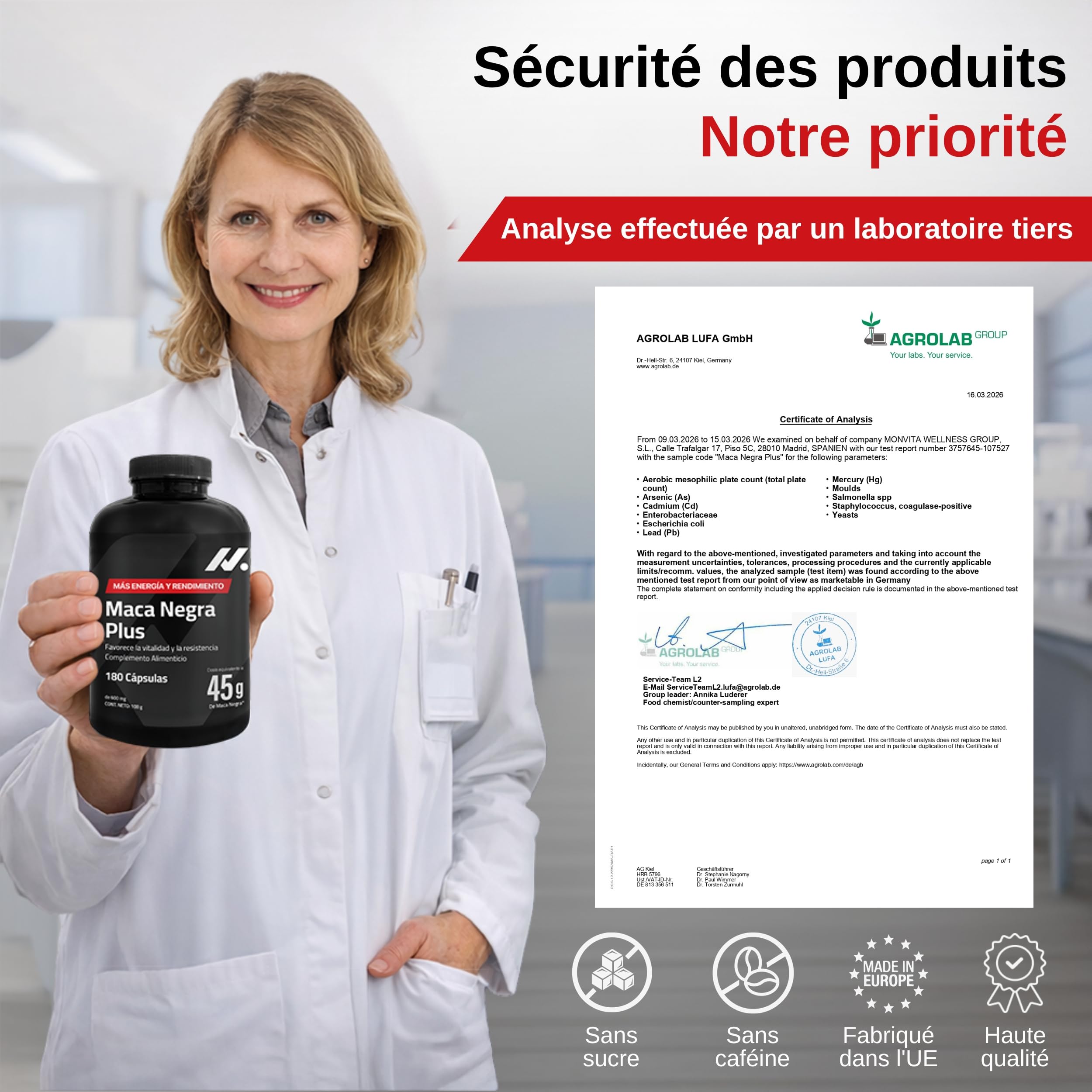 Maca noire 45 000 mg – 180 gélules végétaliennes – Énergie, vitalité et testostérone – Avec L-arginine, taurine, zinc, calcium et vitamine B6 – Qualité et sécurité des produits européens de l'UE