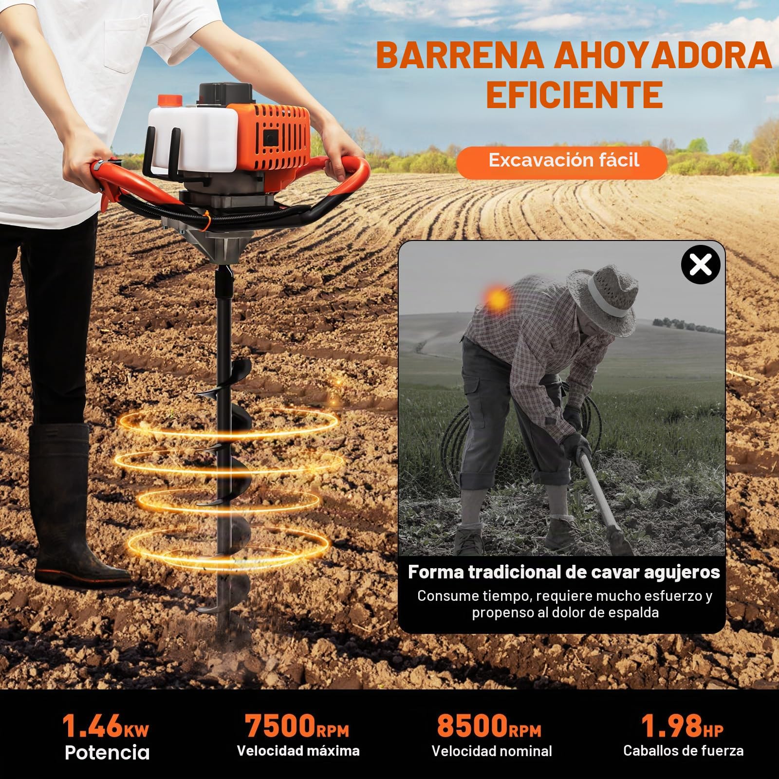 Broca de tierra de gasolina de 52 cc, 2 tiempos, taladro de tierra de gasolina, con 3 brocas (100/150/200 mm), máquina de excavación, taladro de gasolina para tierras de cultivo, jardín