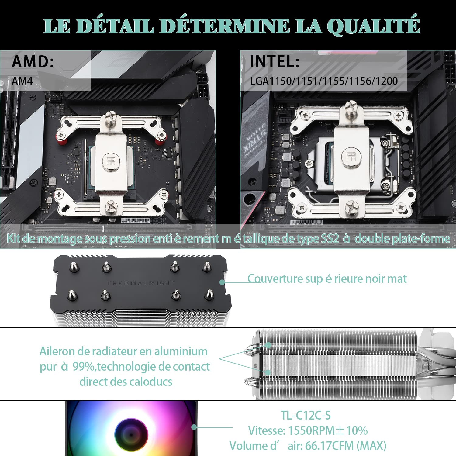 Thermalright AssassinX120 SE ARGB Refroidisseur d'air CPU ventilateur silencieux, AX120, 4 caloducs, TL-C12C-S PWM avec roulement S-FDB, pour AMD AM4 Intel 1150/1151/1200/1700