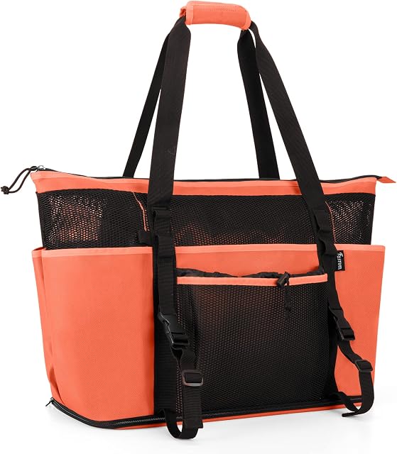 Fasrom Extra Large Mesh Beach Bag with Zipper Bottom, Family Beach Tote Bag with Wet and Dry Separation (Patent Pending), Orange