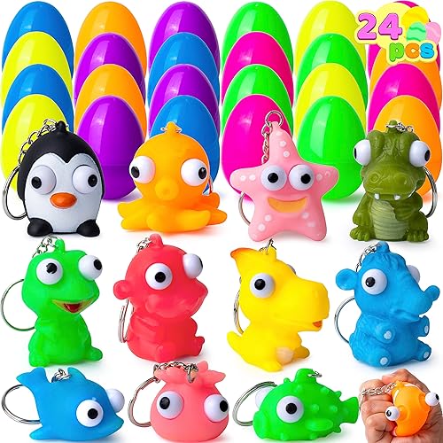 Huevos de Pascua Joyin, 24 huevos rellenos con llaveros de animales, juguetes esponjosos para fiestas de Pascua, canasta de Pascua, búsqueda del