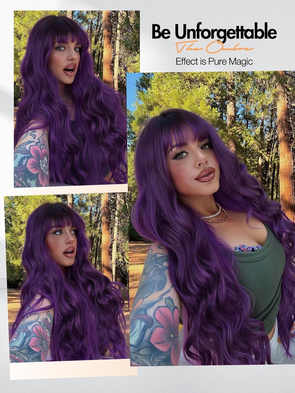 quickwig Purple Wig with Bangs Long Ombre Purple Wavy Wigs for Women 26 Inch Black to Purple Long Curly Wigs Heat Resistant Synthetic Fiber Wig for Halloween Cosplay Party Use - Image 7