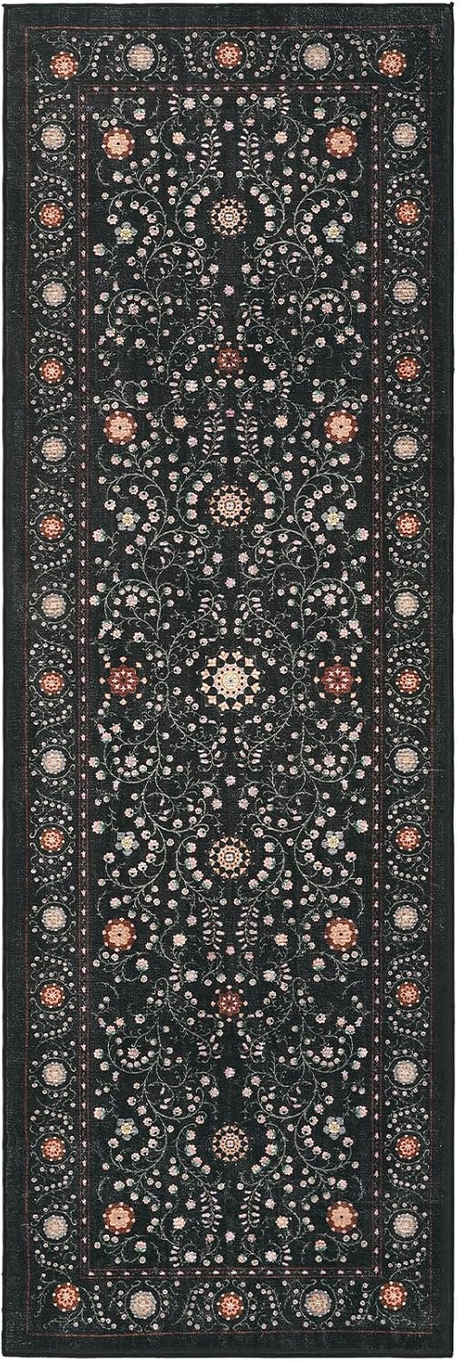 GarveeHome Boho 2x6 Runner Rug for Hallways Non Slip, Vintage Botanical Kitchen Rugs Washable Area Rug for Entryway Stain Resistant, Low Pile Soft Runner Black Carpet for Bedroom Floor Laundry Room