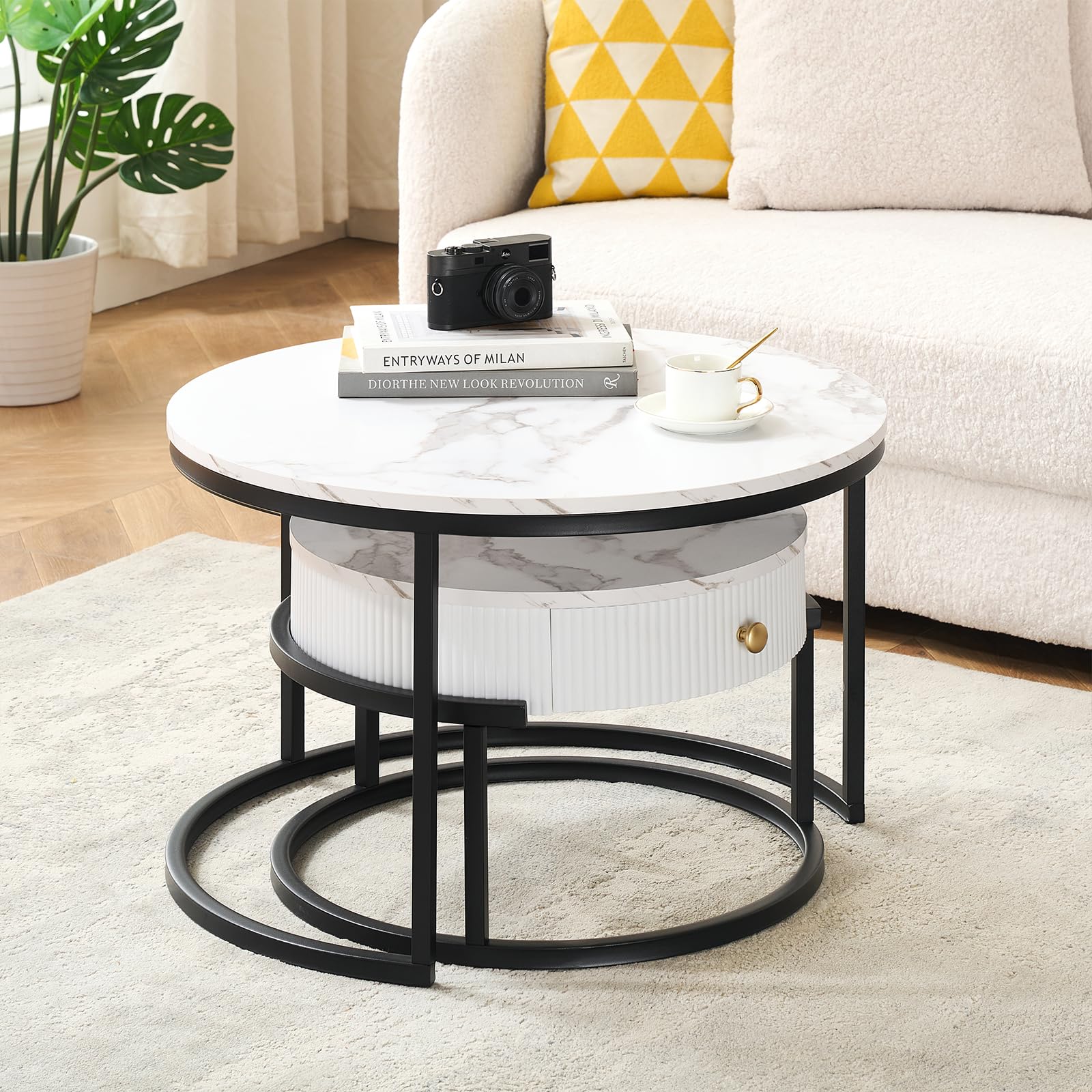 Tavolo Rotondo con cassetto, Tavolino Salotto Moderno con cornice nere, Tavolo Soggiorno con effetto marmo, set di 2 pezzi da Tavolino Rotondo