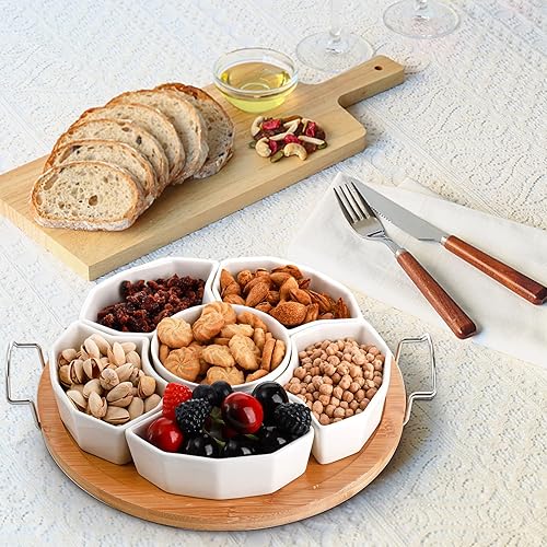Miniatura 7 de ZENFUN Platos divididos de cerámica de 11.3 pulgadas con bandeja de bambú, bandeja de aperitivo de 6 compartimentos extraíbles, bandeja modular
