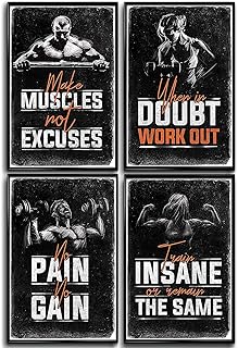Gym Posters for Home Gym Deco Motivational - 4 Set Of 11x17" - Workout Posters for Gym, Motivational Crossfit Poster, Fitness Posters, Bodybuilding Wall Art