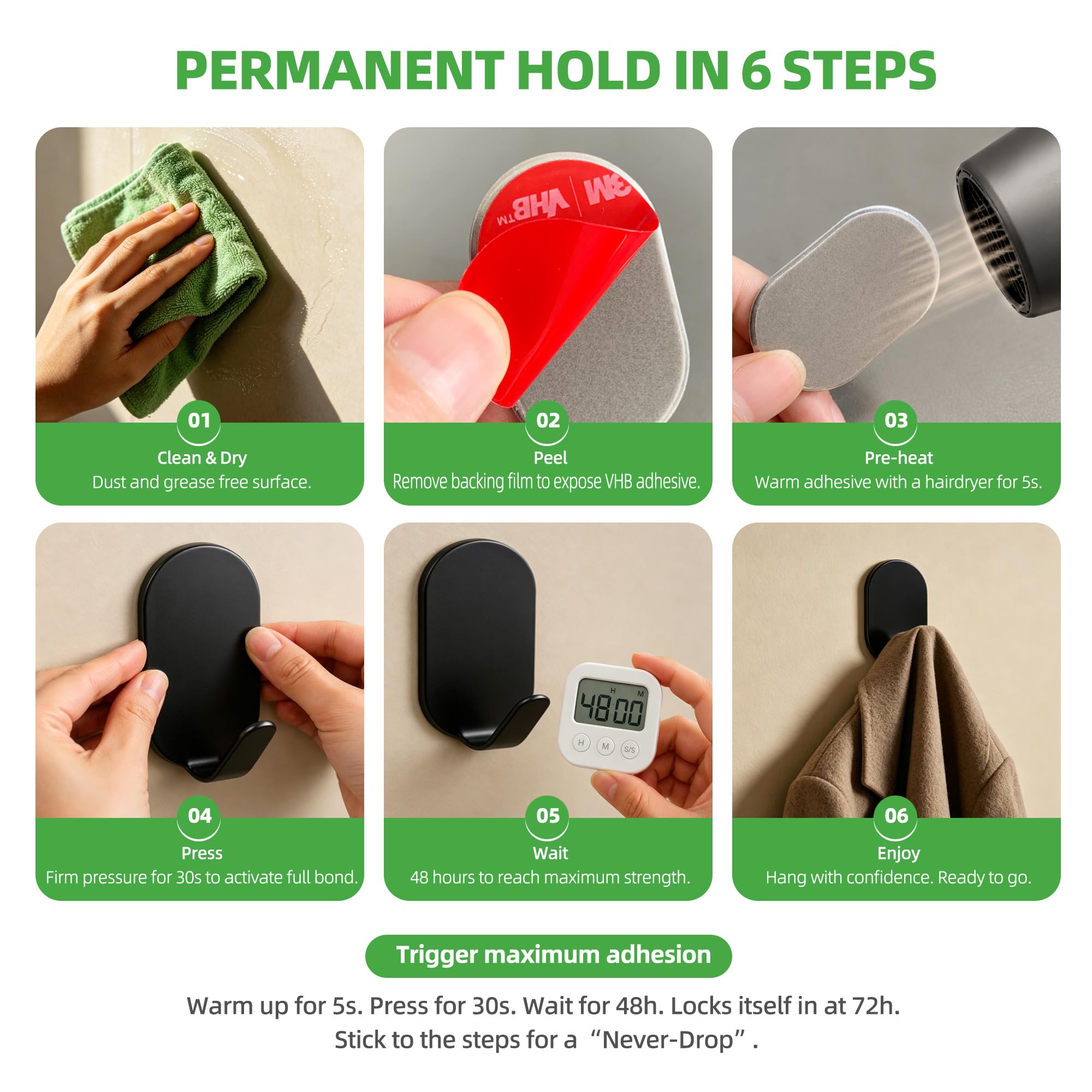 Ganchos autoadhesivos de pared sin clavos, pack de 10, resistentes para baño y cocina