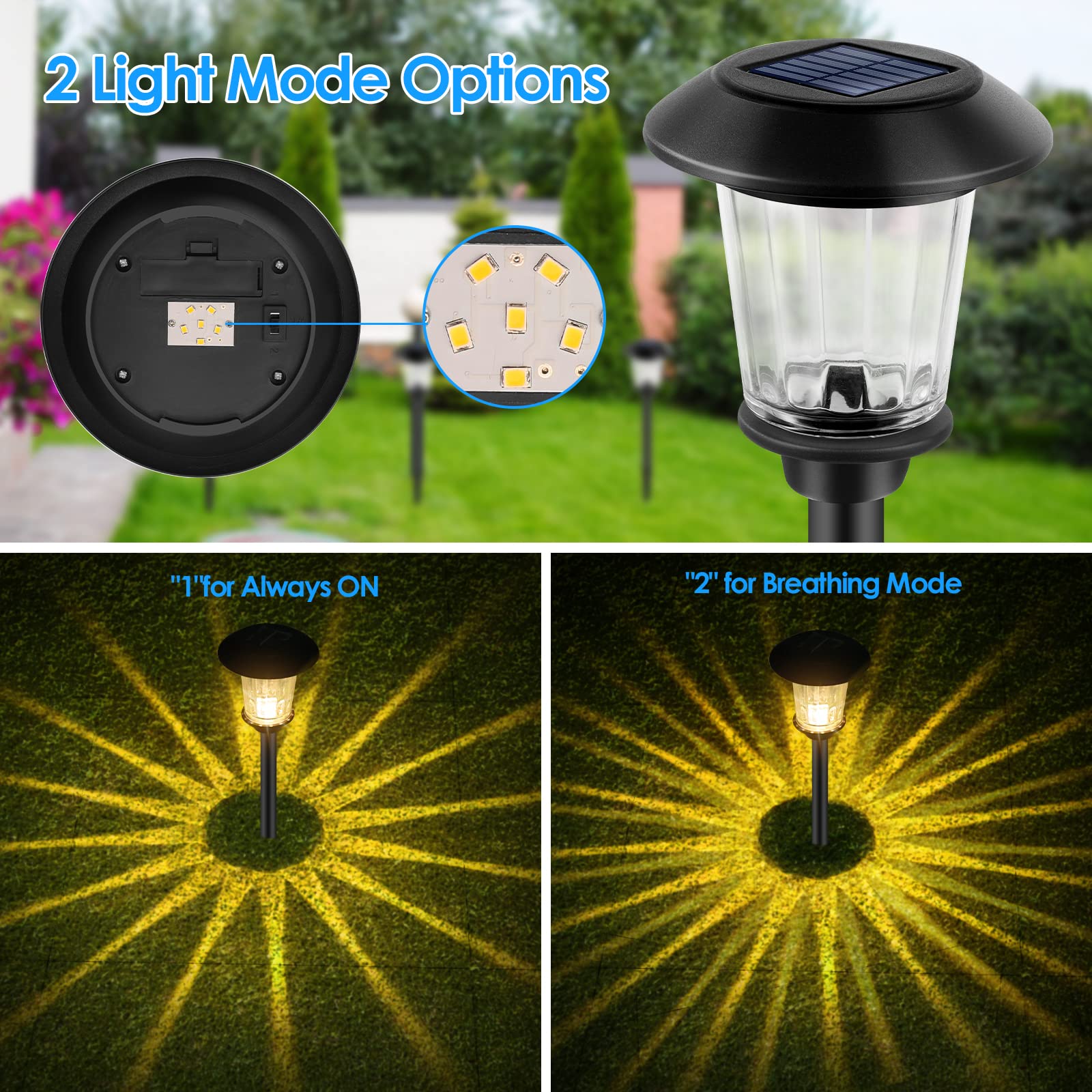 Luces solares de cristal, luces solares para exteriores, 2 modos, impermeables, con energía solar, iluminación decorativa de paisaje para caminos, patios, pasarelas (paquete de 6, color blanco cálido) 2