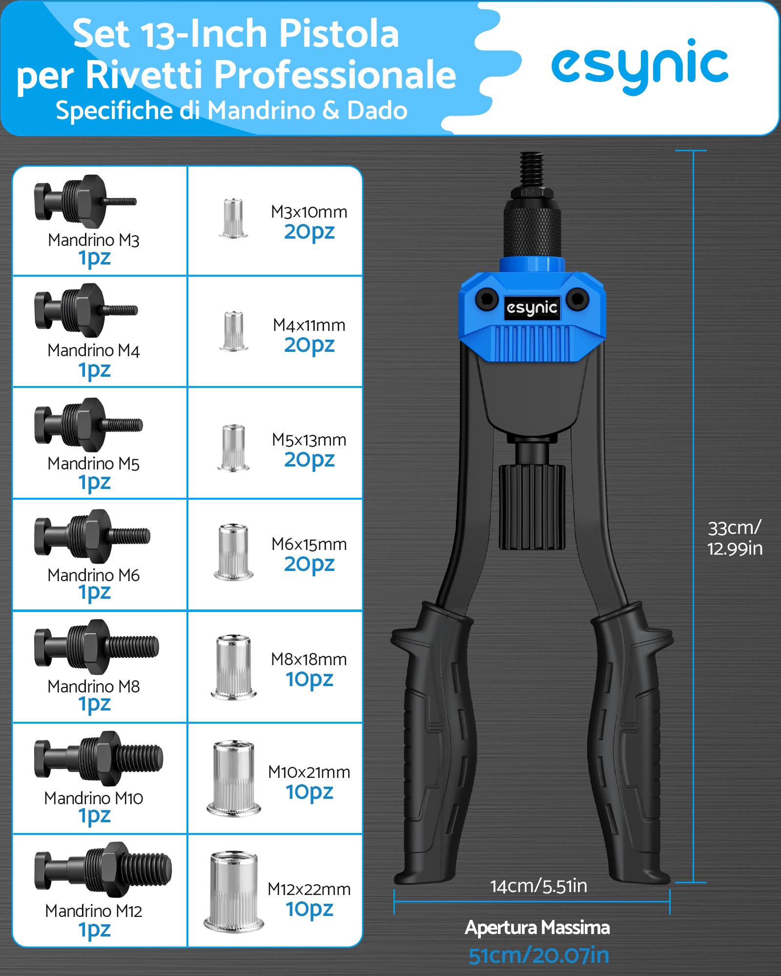 eSynic Kit 13'' Rivettatrice Manuale per Impieghi Gravosi con Manico Ergonomico, 7 Mandrini e 110 Dadi M3 M4 M5 M6 M8 M10 M12 Inclusi, Pistola a Rivetti con Valigetta per Riparazione Auto Mobili
